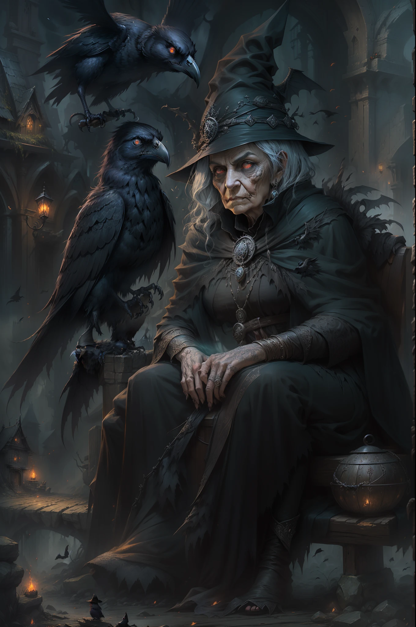 A shriveled old witch sits on a Kadilau bench in the background，She was holding a Soniste crow， The witch old woman holds the crow, The old woman of the witch, cawing ravens, Snuggle tightly,The witch old woman wore a pointed wizard hat，tmasterpiece，best qualtiy，Forcing Allah righteousness，Realist School Details，ultra - detailed， 16k，high definition resolution，Epic dark fantasy art style， gothic fantasy art, dark fantasy concept art, an ominous fantasy illustration, dark fantasy style, fantasy dark art,