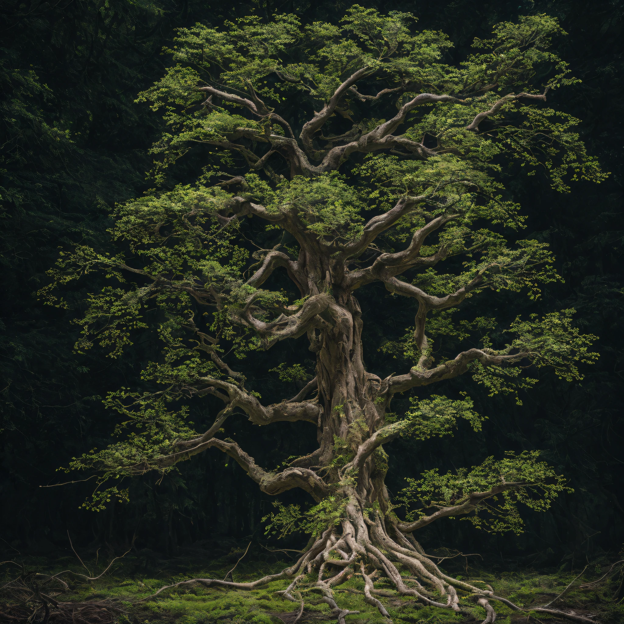 An aged dried-up ancient tree grows in the forest, with numerous branches and twisted roots, covered in moss. It appears incredibly eerie and mysterious in the high-resolution 4K image, illuminated by cinematic lighting.