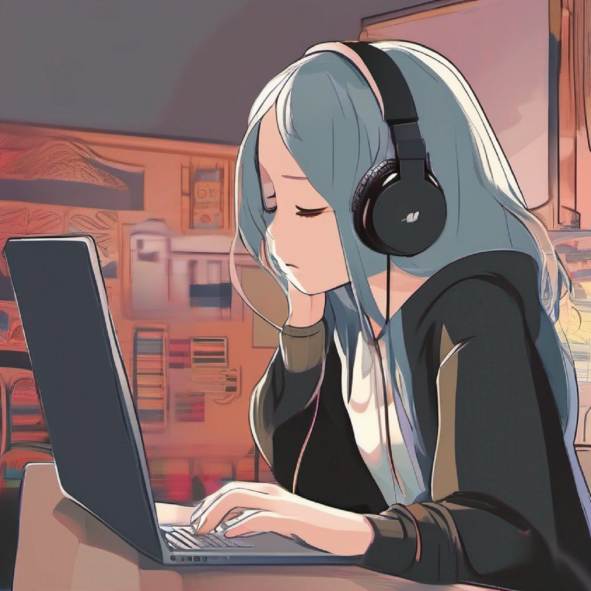 "A delightful cartoon-style illustration featuring a wheatish cute girl with long hair and closed eyes, engrossed in using an Apple laptop and headphones. She is wearing a hoodie, with only her side face visible."