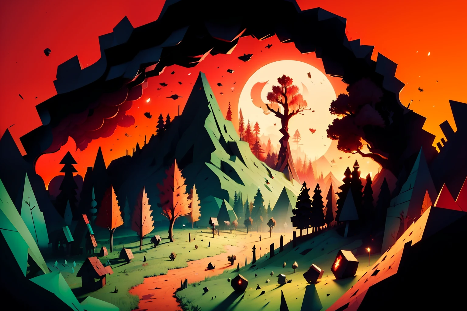 Friday night funkin, video game level, background, forest, trees, 2d level, videogame, backdrop, simple cartoon design, paper cutout, dead, red, static, glitchy, deadly, rotten, rotten forest, red sky