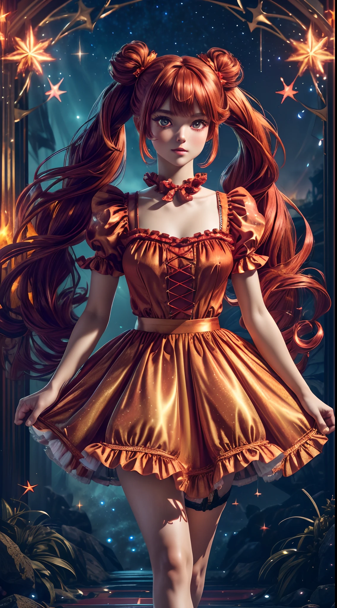 (fullbody, legs and shoes visible: 1.2)) expressive eyes, woman, pale skin, long hair, windblown hair, ((long hair)), long sidelocks, hime bangs, hair fringe, hair bun, ((long twintails)), flaming hair, red hair, blushing, full face blushing, big sparkling glowing red eyes, (gradient eyes), open mouth smile, cute pose,
flowy flaming dress, ((scarlet multicolored open dress)), (mist), orange ruffles, yellow frills, (light red lace), detached short sleeves, puffy skirt, ((fire and stars print skirt : 1.3)), lolita skirt, dark red bows, ((pompon ribbons hair ornament : 1.4)), multiple bows, striped lace stockings, (heart shaped leg garter), cute (dark orange) shoes ((hyperdetailed clothing and fashion)) looking at you, vintage girl, blushing, (beautiful detailed eyes), (extremely detailed CG unity 8k wallpaper) (best shadow), ((an extremely delicate and beautiful)), (detailed light), ((depth of field)) big head, big sparkling eyes, moe, splash art, cinematic lighting, frontal view, volumetric lighting maximalist photo illustration 64k resolution high res intricately detailed complex key visual precise linear
((in the dark palace background, surrounded by expensive decor, shooting stars)) ((hyperdetailed scenery, foggy, darkness : 1.3))