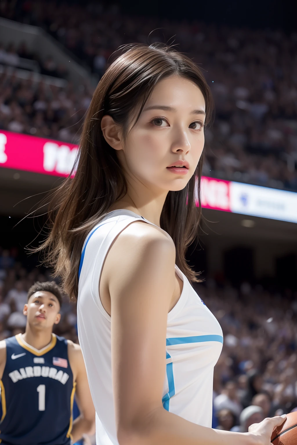 (Best Quality, 8K, 32K, masutepiece, nffsw:1.2), (1 slender woman of Japan, 28 years old), dark brown hair, long hair, Bright foreground, Professional Lighting, Photon mapping, Radio City, shading:1.3, (high-detail skin:1.2), Huge breasts:1.4, (Shorts, exposed shoulder:1.1), ((Provocative Dynamic Poses)), (she is soaking wet), top-down view:1.5, (Basketball Uniform:1.1), hyperdetailed face, Detailed lips, Detailed eyes, Double eyelids, Inside the stadium, Looking Camera, (Sensual gaze on the photographer, lips slightly open), BREAK Basketball Stadium, The audience gets excited, Confetti flies,