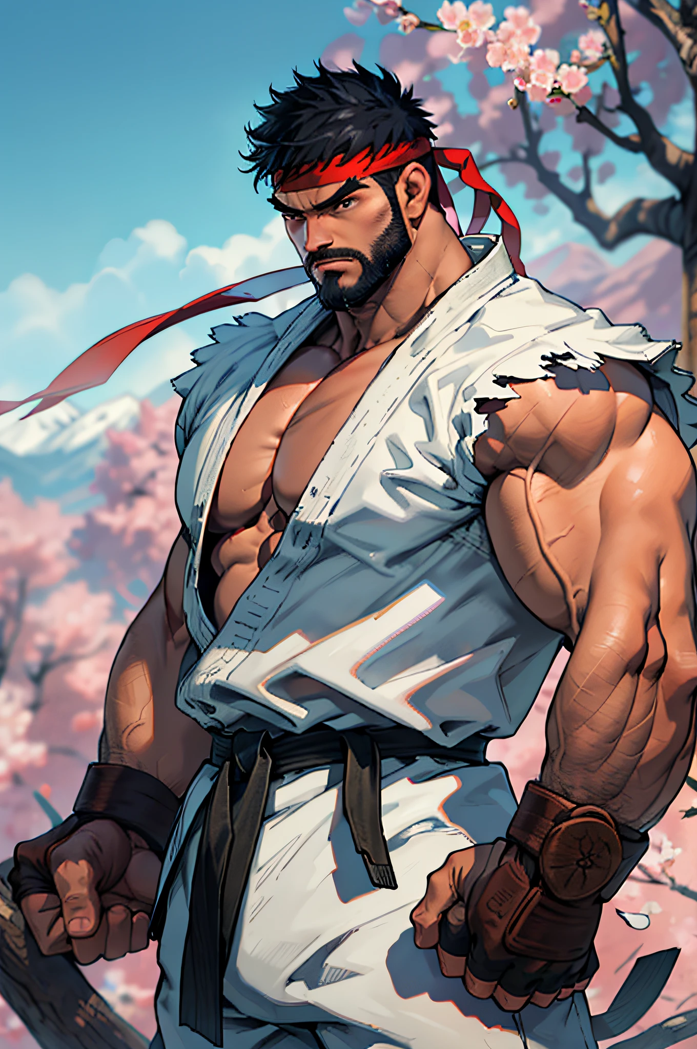 (masterpiece, best quality:1.2), cowboy shot, solo, male focus, 1boy, ryu \(sf\), middle age, serious, determined face, white skin, looking at viewer, black hair, thick black beard, detailed face, tall, hunk, muscular, wide shoulder, big physique, scars, wearing big white Dougi, new white Dougi shirt, white Dougi pant, red headband, fingerless gloves, blue aura, cherry blossom in the background, high detailed