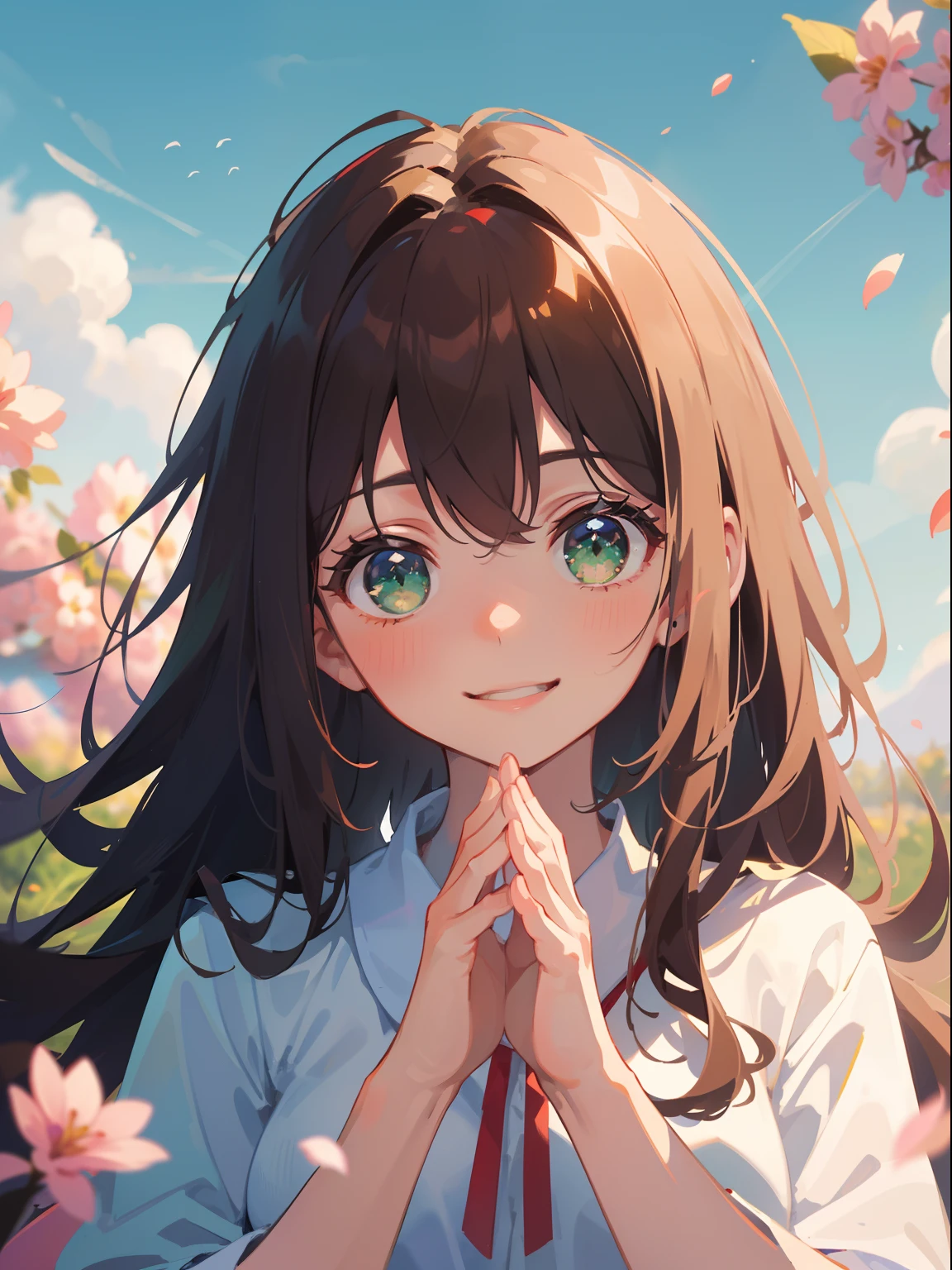 (masterpiece), (best quality), ultra high res, sharp focus, warm pastel tone, ((1 woman, solo)), upper body, mediun close up, beautiful detailed hair, chestnut brown hair, long hair flowing up, beautiful detailed face, ((beautiful shape eyes, green eyes)), (happiest face), perfect feminine face, looking at the viewer, smiles, open lips, beautiful clouds and sky in the evening background, (hands up:1.2), surrounded by petal flowers