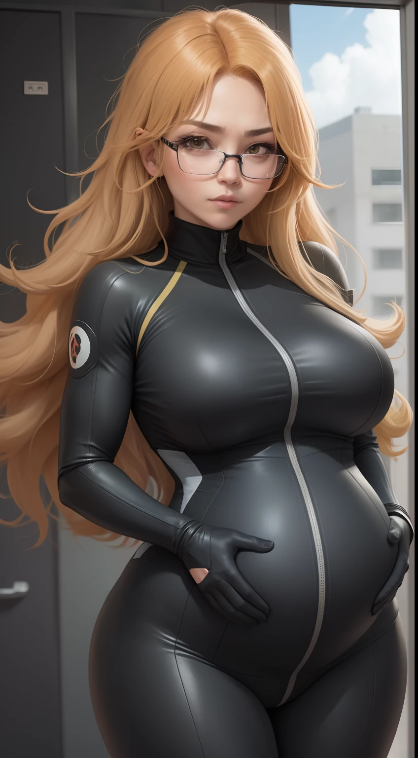 (best qualityer),big headed,Face neutral,(Moe Gaki Ryu:1.2)in a hero skintight suit,pregnant women with,full bodyesbian