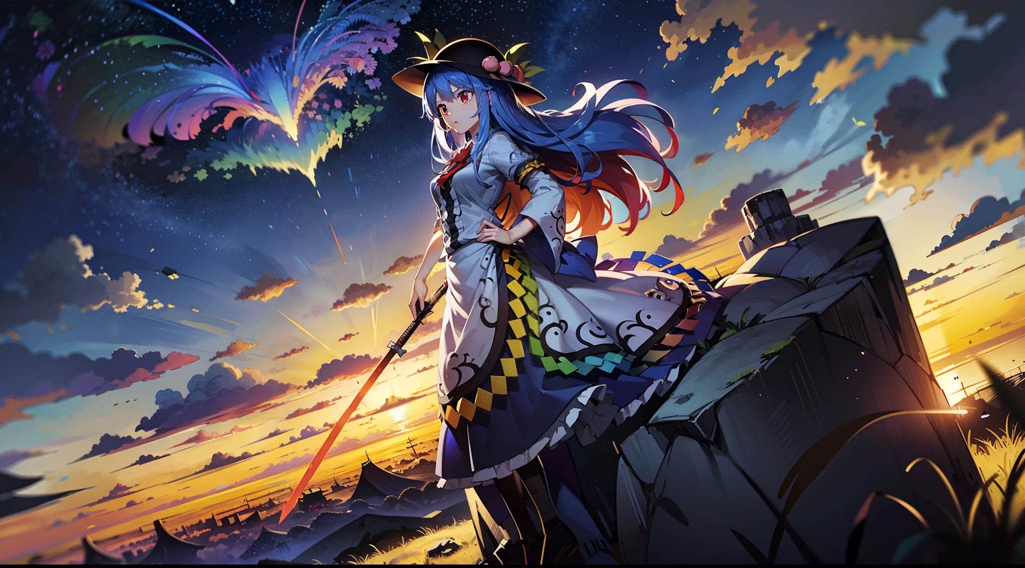 Japanese anime wallpaper 8K，wide angles，Golden ratio composition，HighestQuali，ancientry，（（touhou project）），（（（1girl））），Hinanawi Tenshi，slender figures，skin is soft and smooth，celestial realm，daytime，Clouds，Stand on the rock，Armed with the Sword of Imagination，luz eenvolvente，Soft lighting，Clear facial features，The  is structurally correct，The hands are clear and correct，The costumes of the characters are clear and correct，The details are complete and clear
