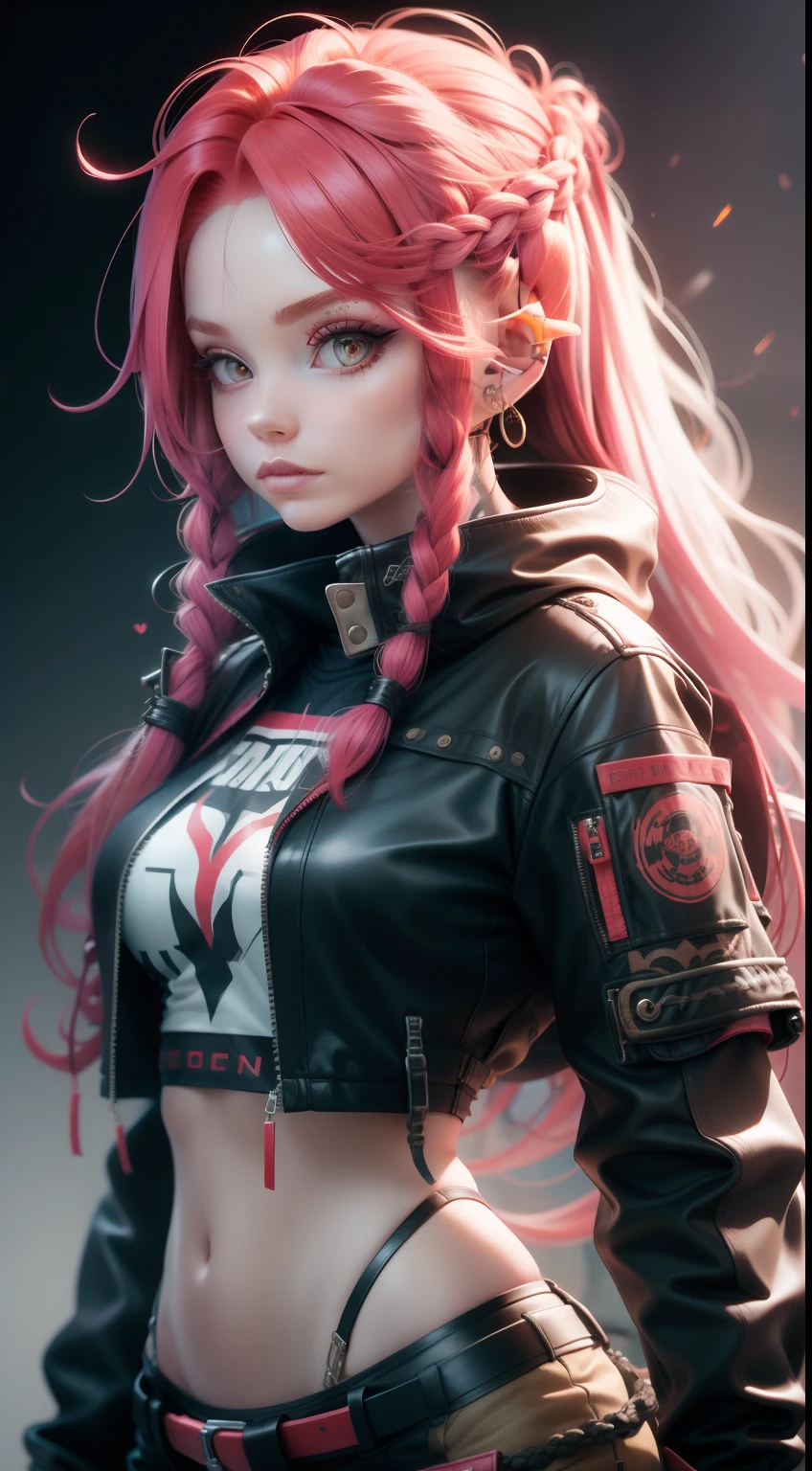 Female white model with long red hair braid in punk y2k clothes