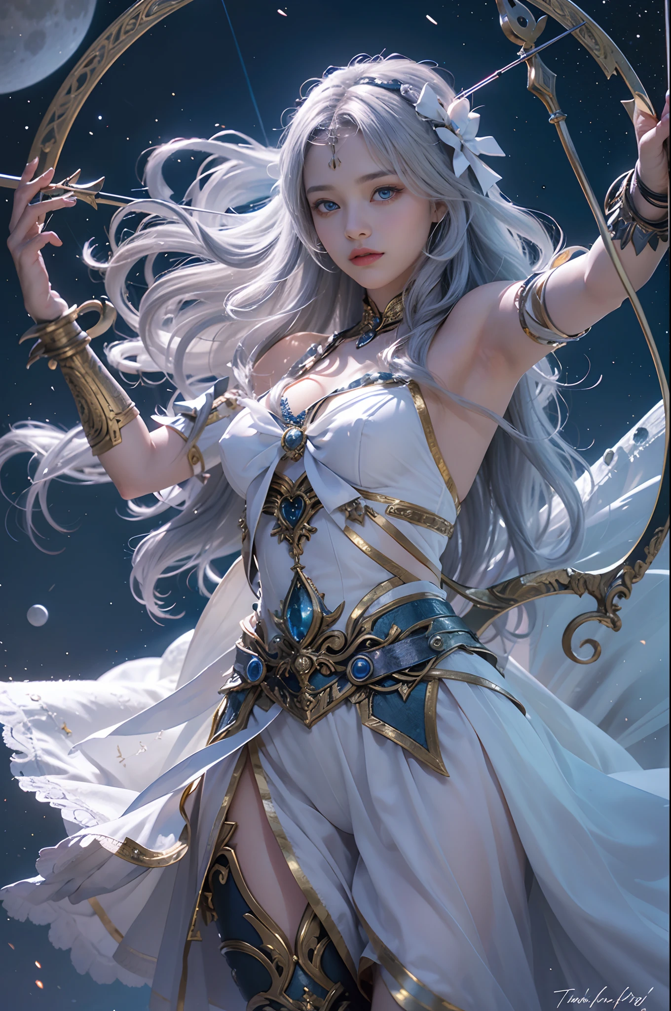 (Archer girl dressed in armor like an enchanting moon goddess),(Realistic Beautiful Night Sorceress),(Artemis, goddess of the moon),Silver bow and arrow with luxurious decoration in the hand,Ready to shoot the bow,mysterious girl,Amazing effect,(small tits),Lifelike face,Compassionate eyes,cute face,Blue eyes,Realistic Nada Room,Silver hair shining like the moon,de pele branca,Young Goddess,Photoquality,Dignified Moon,Tsurime,Blue glowing eyes,((Bow Drawing Pose)),