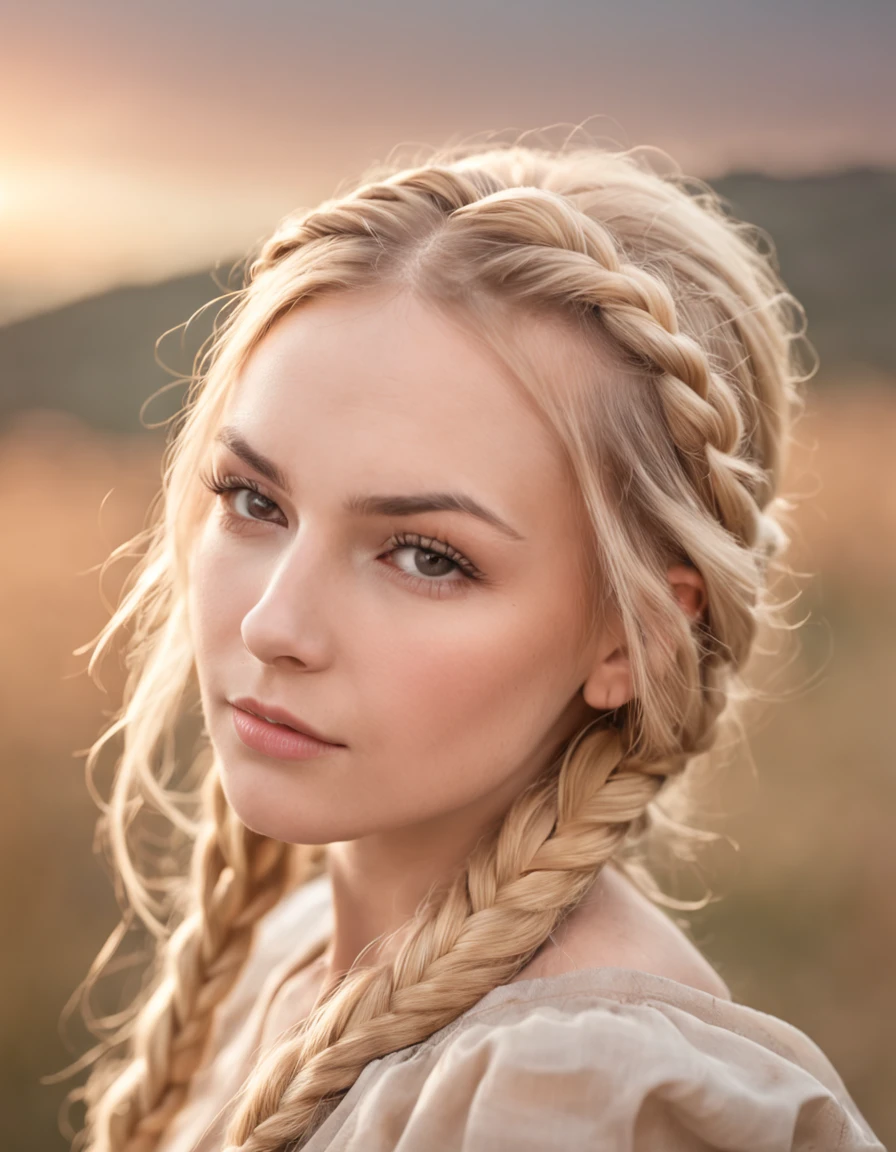 landscape beautiful woman braided hair blonde hair wind swinging hair with sunset extimation puppy