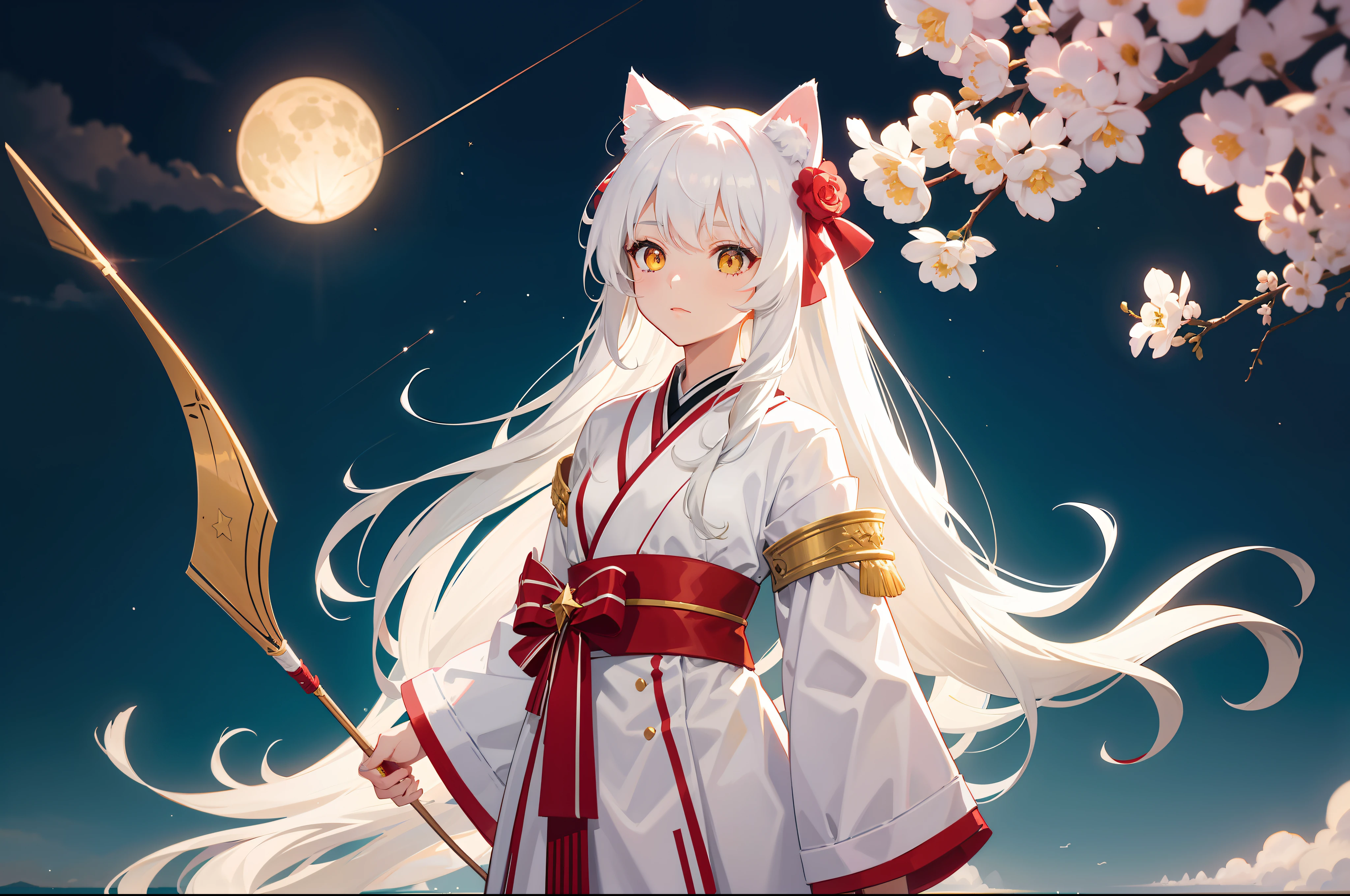 archer,teens girl,long white hair,Cat ears,The white kimono has red stripes,Yellow pupils,Standing on the surface of the sea,holding a bow,The background is a starry sky,The girl looked up to the sky,Starlight series,Pink bent tooth moon
