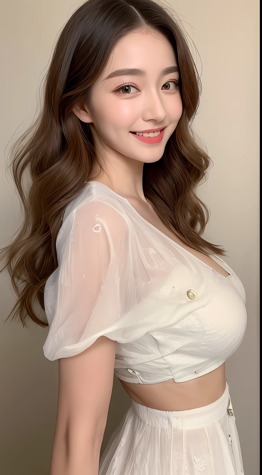 highest quality:1.3, masterpiece, Ultra-high resolution, realistic:1.3, solo:1.3, ((Clear Face)), sidelighting, cowboy shot, Curvy body (looking at camera:1.3), white background, (white blouse, black leather miniskirt), standing, Showcasing cleavag, arms at sides, (medium busts), smile