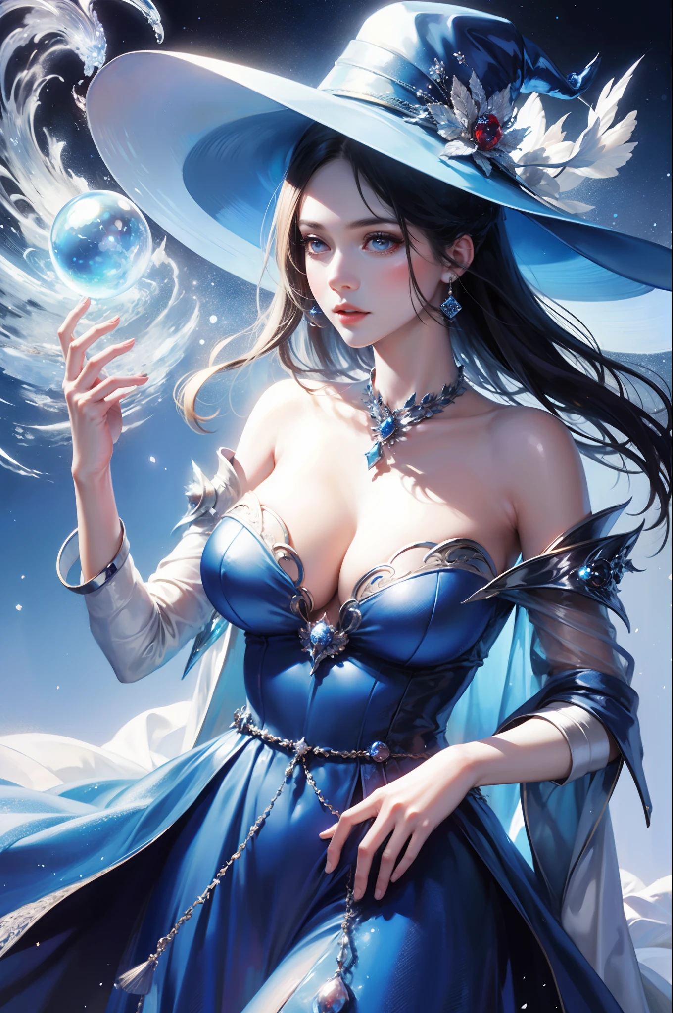 sorceress woman,Conservative attire,(With a huge hat),Crane in blue,Wearing blue and red and white princess dresses,Close-up of upper body,Close-up photos,jewelery,Visions of heaven and earth,Magic crystal ball,The background is the Milky Way,solar system