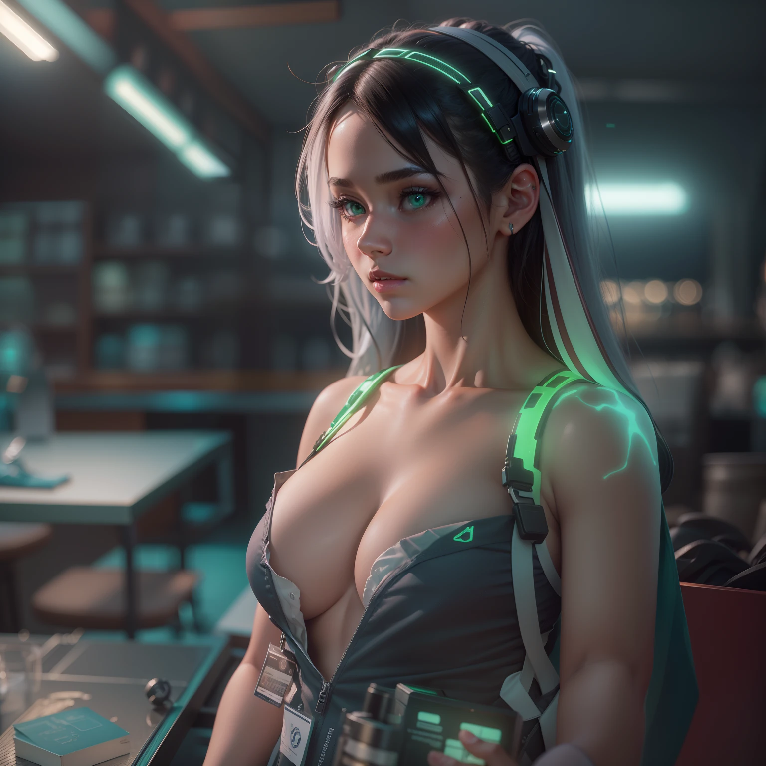 cute character, Ultra detailed, Perfect view, mysterious, Glow, Product photography, rendering by octane, 8K is super refined, Perfect view, mysterious, glowing green, Product photography, rendering by octane, 8K,Beautiful age girl,exposing her chest,It's tempting to dress at,NSFW