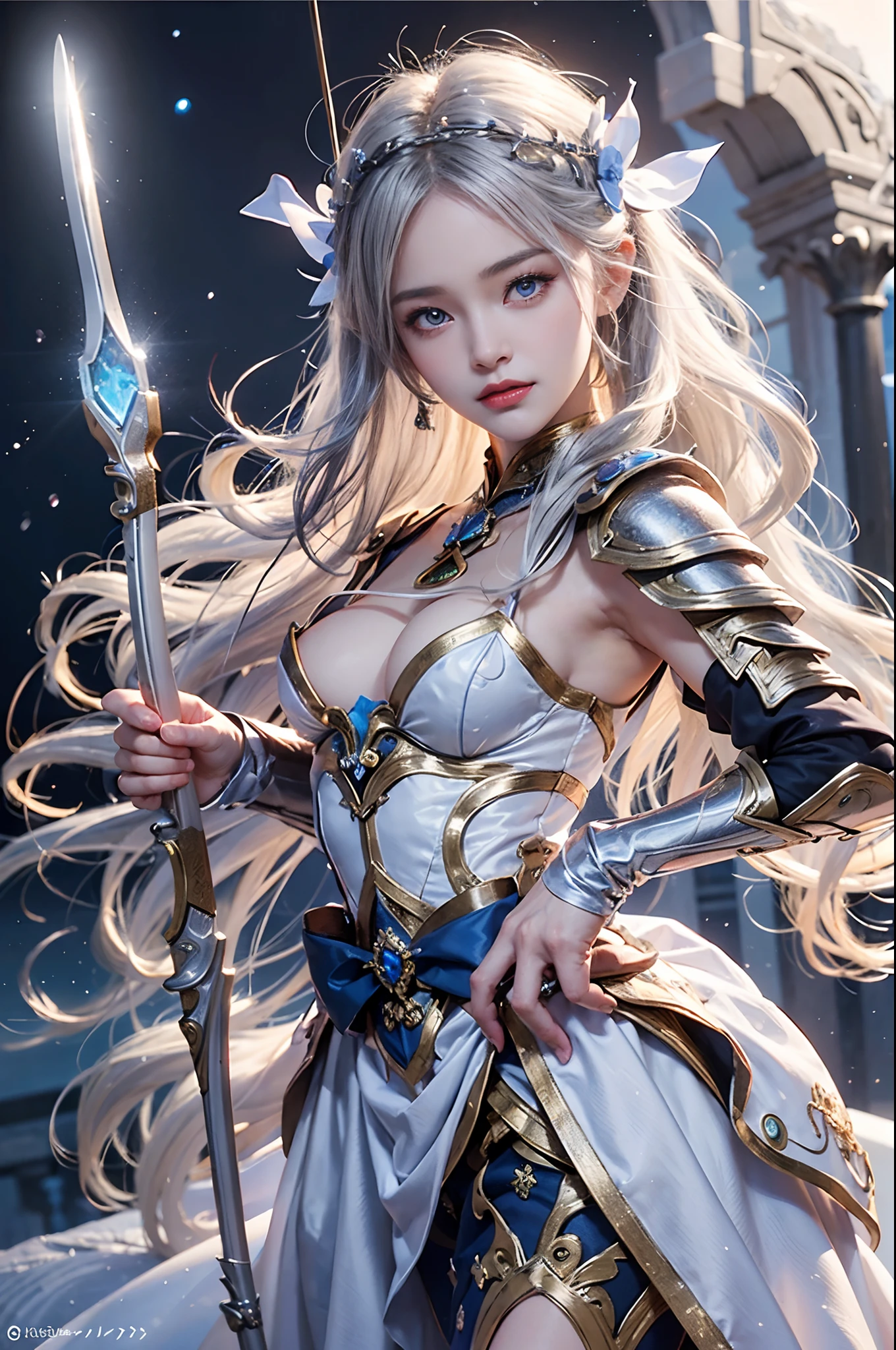 (Archer girl dressed in armor like an enchanting moon goddess),(Realistic Beautiful Night Sorceress),(Artemis, goddess of the moon),Silver bow and arrow with luxurious decoration in the hand,Ready to shoot the bow,mysterious girl,Amazing effect,(small tits),Lifelike face,Compassionate eyes,cute face,Blue eyes,Realistic Nada Room,Silver hair shining like the moon,de pele branca,Young Goddess,Photoquality,Dignified Moon,Tsurime,Blue glowing eyes,((Bow Drawing Pose)),