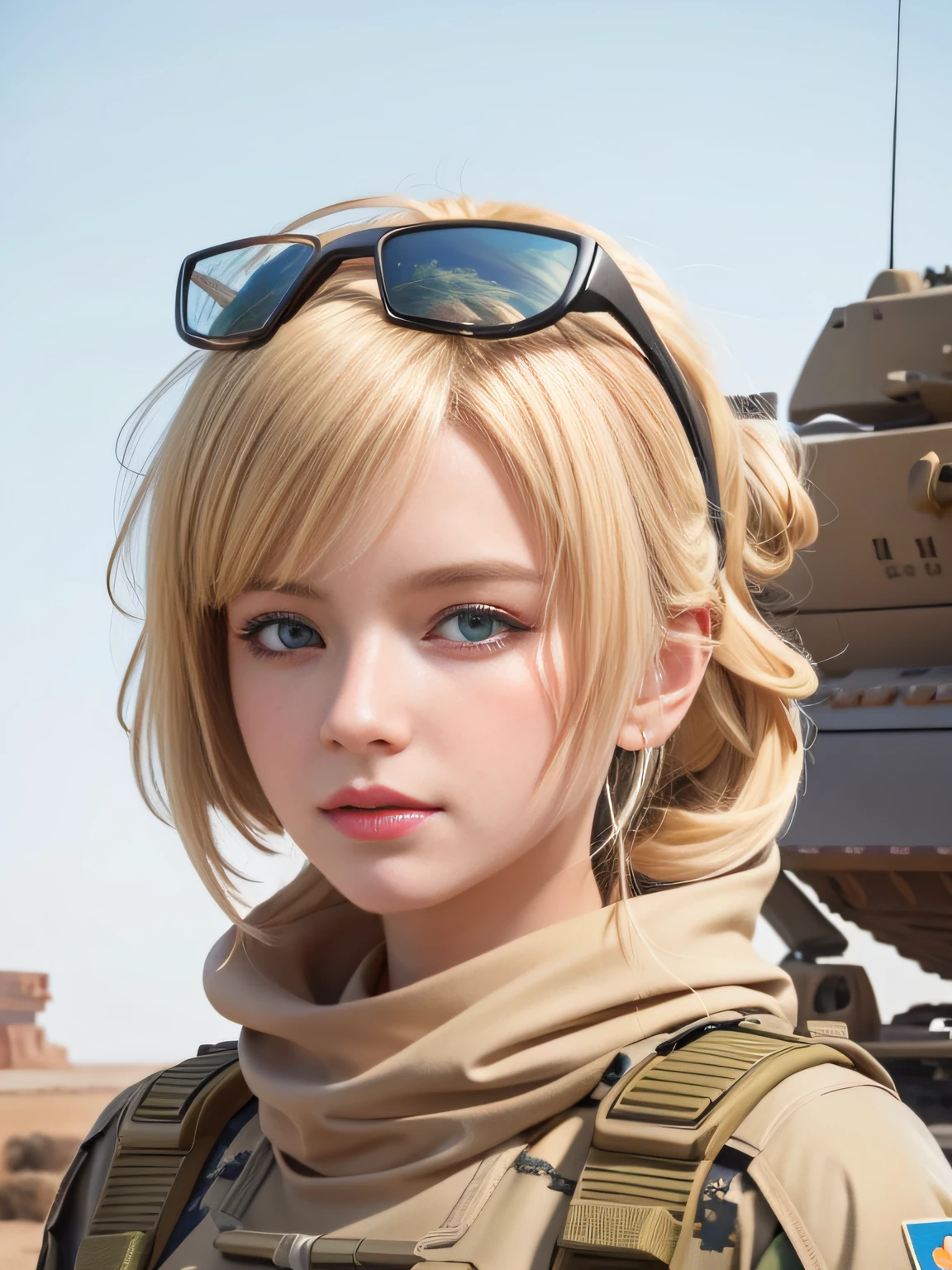 Blonde woman in desert costume,The background is tanks, Guviz-style artwork, mechanized soldier girl, cgsociety portrait, infantry girls, portrait futuristic solider girl, wojtek fus, portrait of soldier girl, military girl, Unreal 5. RPG portrait, portrait beautiful sci - fi girl, soldier girl, alexandra fomina artstation