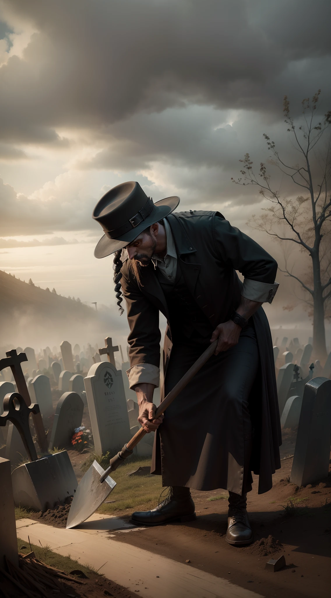 a gravedigger using a shovel digging a grave, fall weather, cloudy, fog, creepy, 1600s