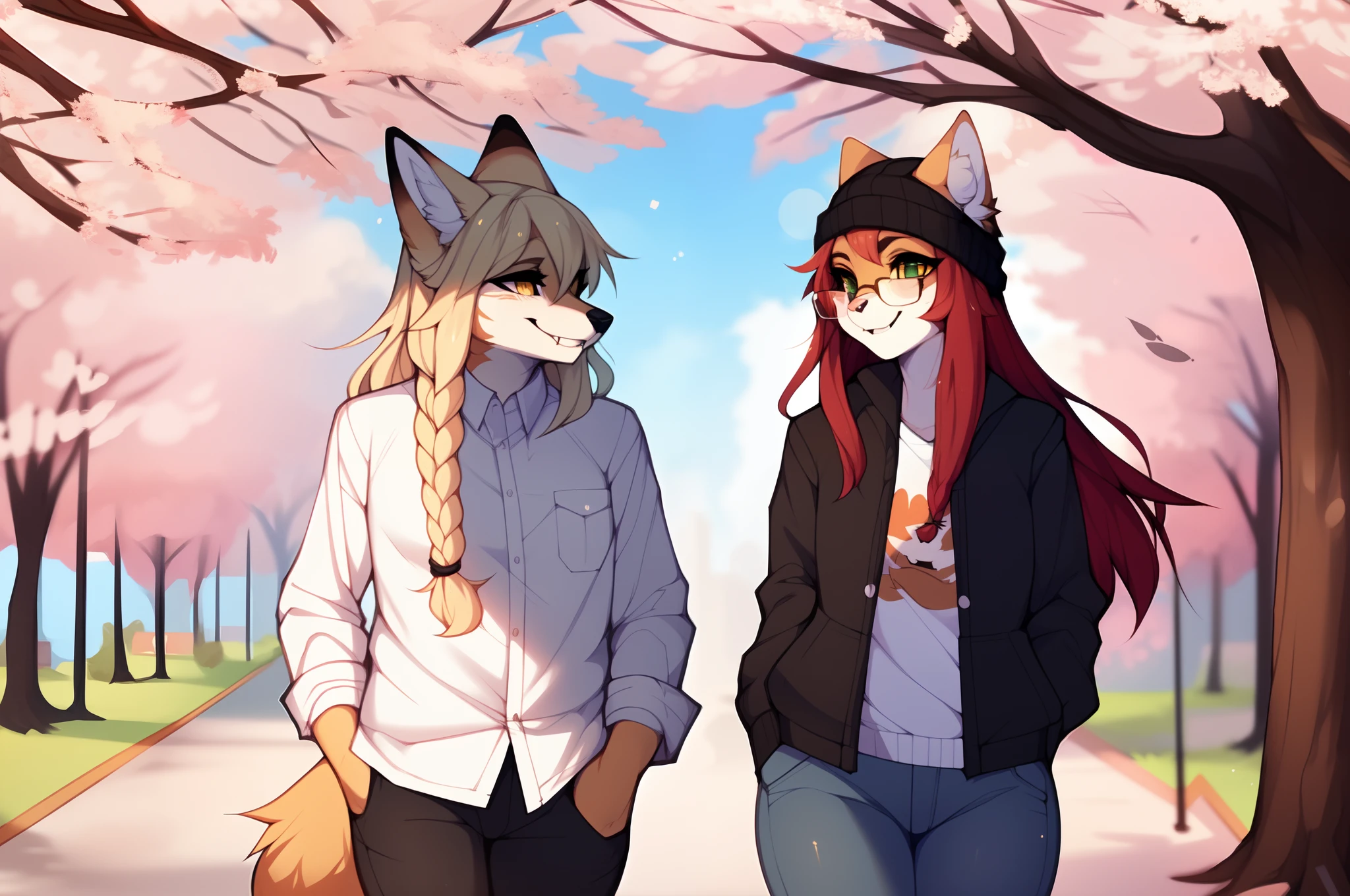 By claweddrip, by hyattlen, by fumiko, a cute female tan fox, long blonde French braided hair, yellow eyes, black nose, cute tan fox ears, skinny, good anatomy, highly detailed, happy, large visible fangs, white button up shirt, raised eyebrows, mouth open, laughing, white button up shirt, black shirt, combat boots,