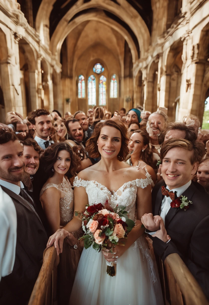 group selfie, beautiful, full faces, light brown short hair, freckles, perky boobs, wedding dress, kneeling, ((view from above)), church