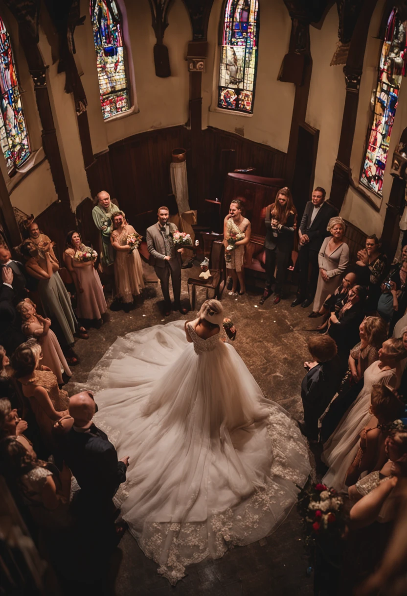 group selfie, beautiful, full faces, light brown short hair, freckles, perky boobs, wedding dress, kneeling, ((view from above)), church