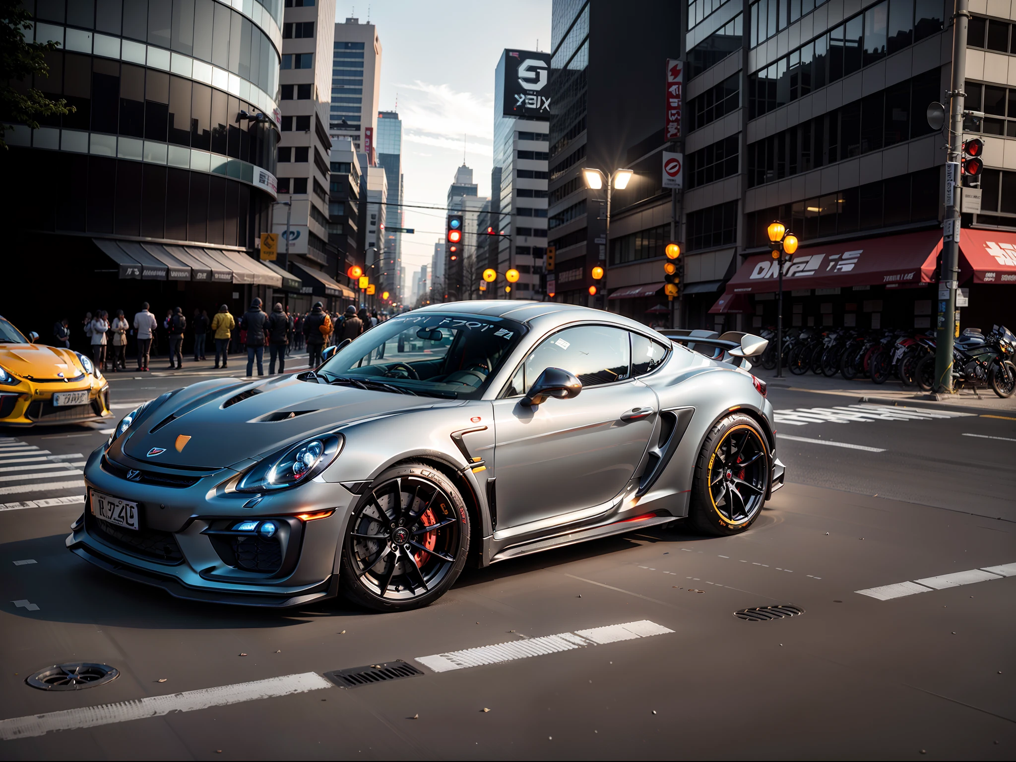 （Ultra-photorealistic quality）、Ultra-fine painted surface、Simple body modification、Hankook Race Tires、Wheels are fixed with titanium bolts、Brake calipers are yellow、The disc wheel is Girodisc、masuter piece，LED daylight on、8k wallpaper，nffsw，Ultra-high image quality，light and shadow effect 、((Dark Grey Cayman GT4 RS　1Car)), Gran Torismo logo decal at wind window、Front bonnet is wet carbon、Car height 5ｃｍinferior、Forged bronze color wheel、Slightly larger rear wheel、lean forward a little、Front lights have tinted finish、saidomira-ha ka-bonn scramble crossing in Shibuya、city light at night、All four wheels have a slight camber angle for track racing、Tow hook for towing at front（Red nylon）、Professional Outdoor Lighting、Model 981。