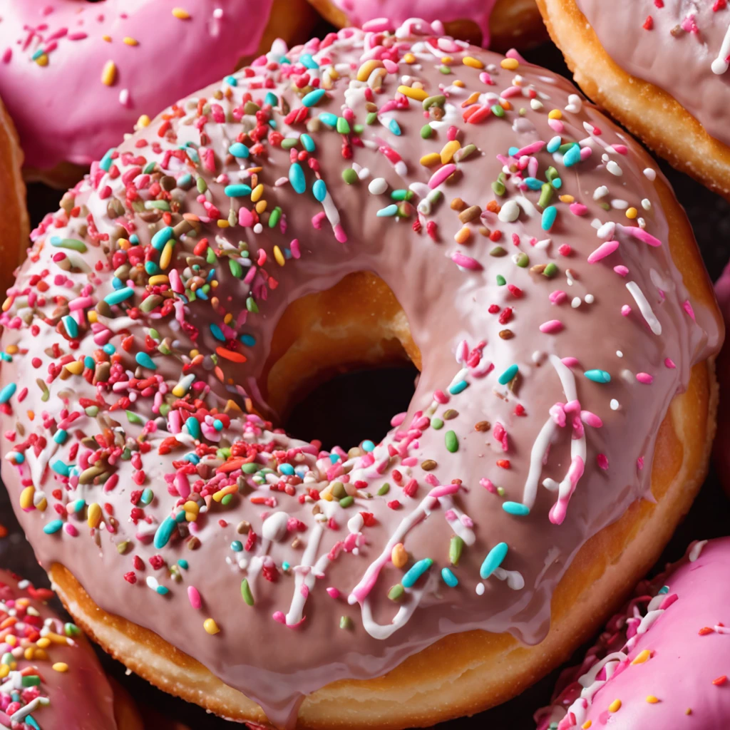 uma imagem fotografica ultra realista de um donut com massa de cor marrom claro, Covered with shock pink icing, ultra realista 8k implorando para ser devorado, fotografia retirada de angulo lateral com aparencia extremamente apetitosa foodporn