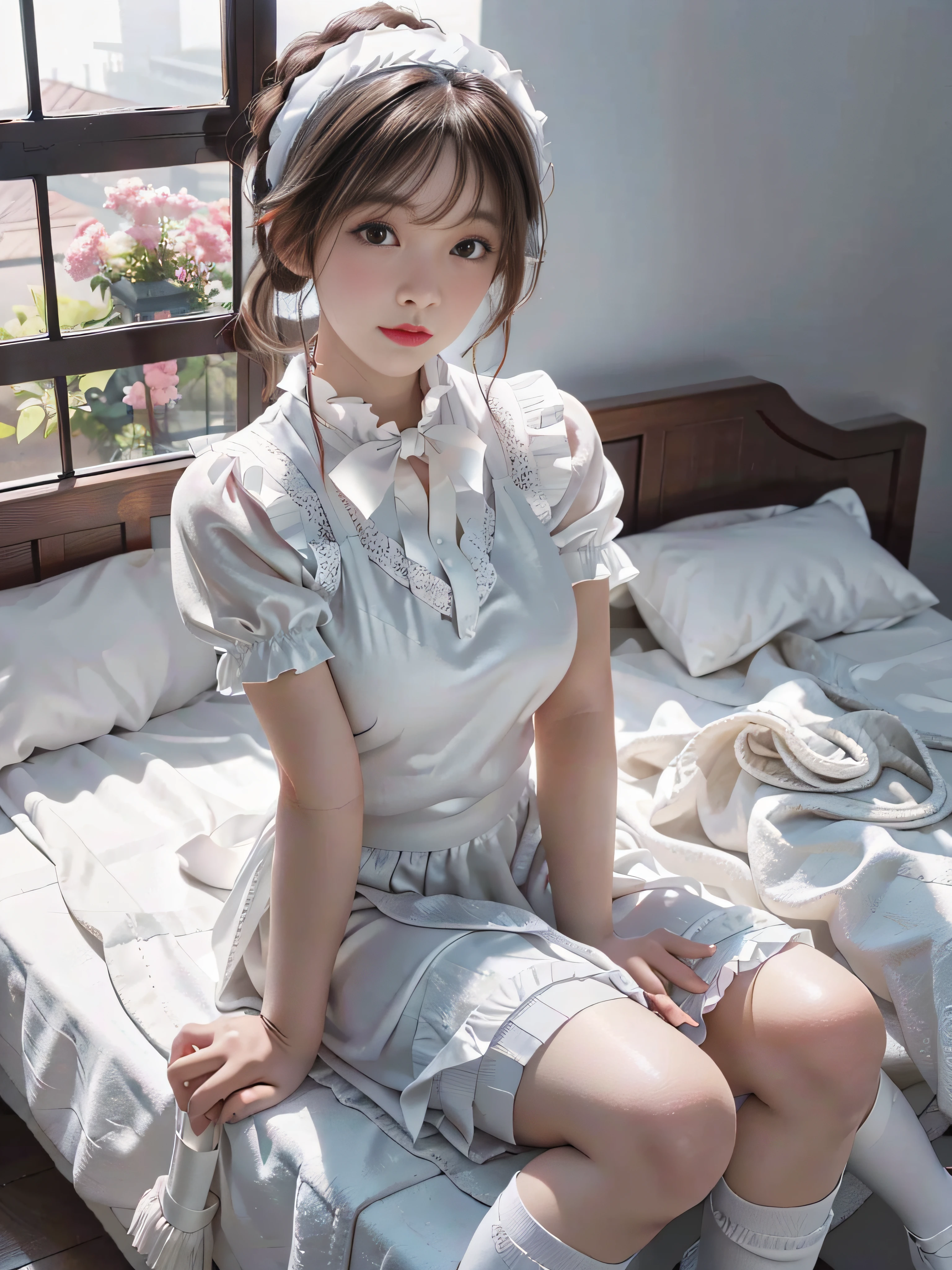 Top quality, Masterpiece, 超高分辨率, (Photorealistic: 1.4), RAW photo, Maid 1 person, maid headband, pony tails, Braided hair, Ruffle blouse, Ribbon Ties, aprons, Long skirt, ((Anle silk white socks)))), Gray background, Flowers, Sitting