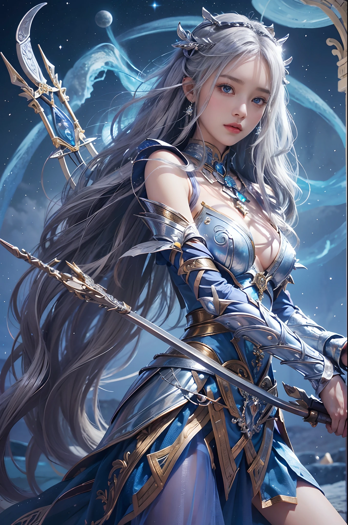 (Archer girl dressed in armor like an enchanting moon goddess),(Realistic Beautiful Night Sorceress),(Artemis, goddess of the moon),Silver bow and arrow with luxurious decoration in the hand,Ready to shoot the bow,mysterious girl,Amazing effect,(small tits),Lifelike face,Compassionate eyes,cute face,Blue eyes,Realistic Nada Room,Silver hair shining like the moon,de pele branca,Young Goddess,Photoquality,Dignified Moon,Tsurime,Blue glowing eyes,((Bow Drawing Pose)),