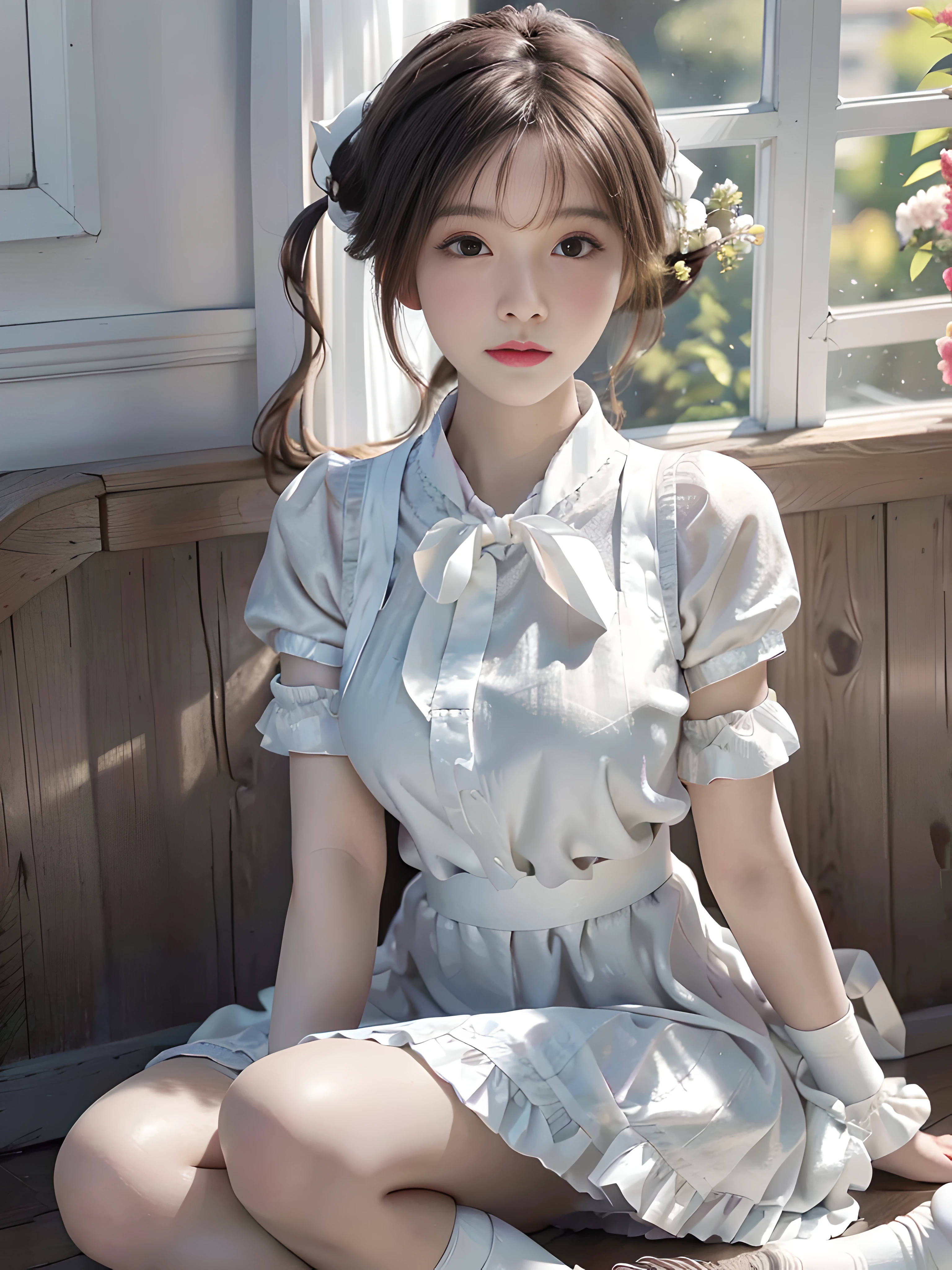 Top quality, Masterpiece, 超高分辨率, (Photorealistic: 1.4), RAW photo, Maid 1 person, maid headband, pony tails, Braided hair, Ruffle blouse, Ribbon Ties, aprons, Long skirt, ((Anle silk white socks)))), Gray background, Flowers, Sitting