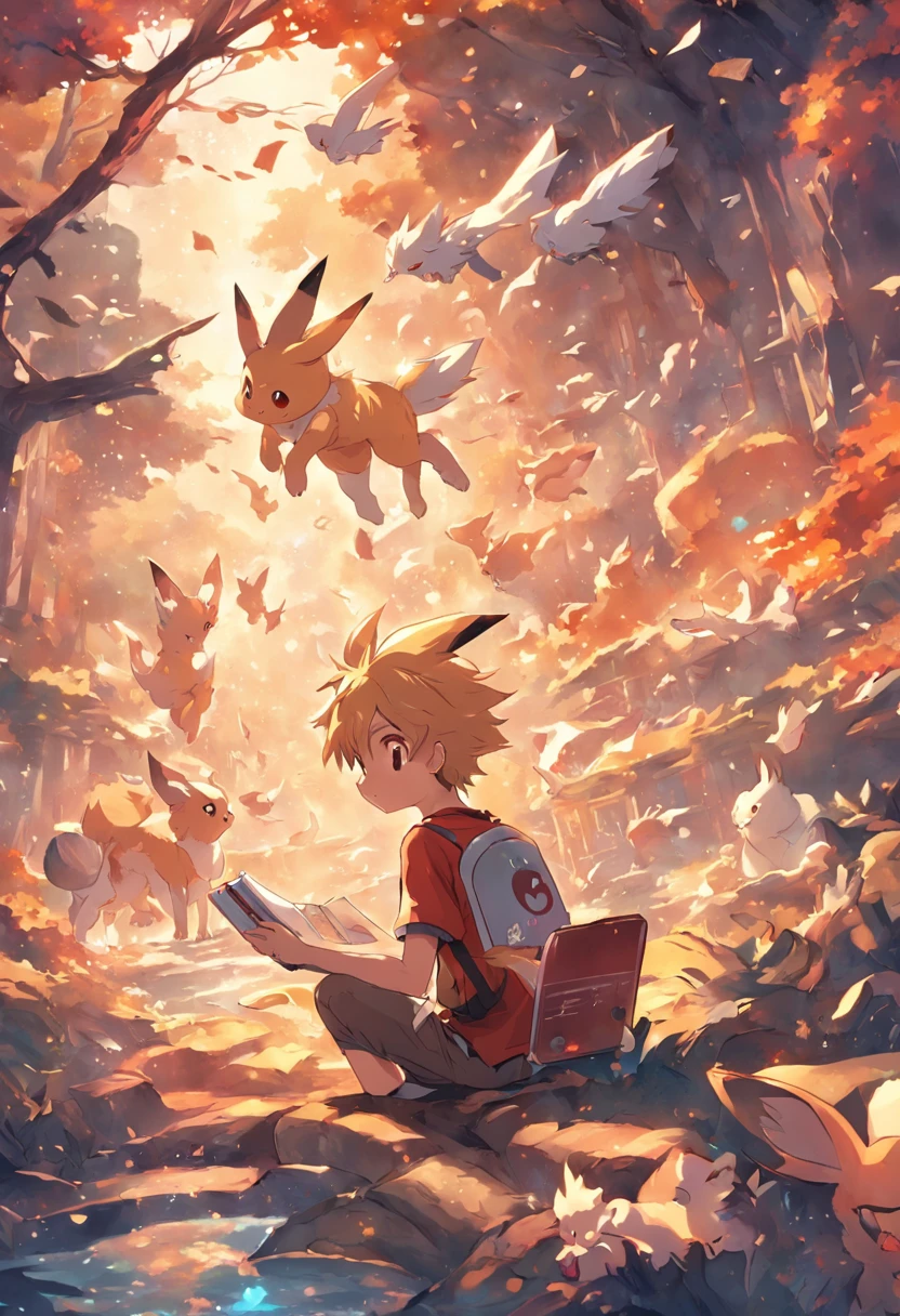 a boy is reading a book with eevee,pokemon world
