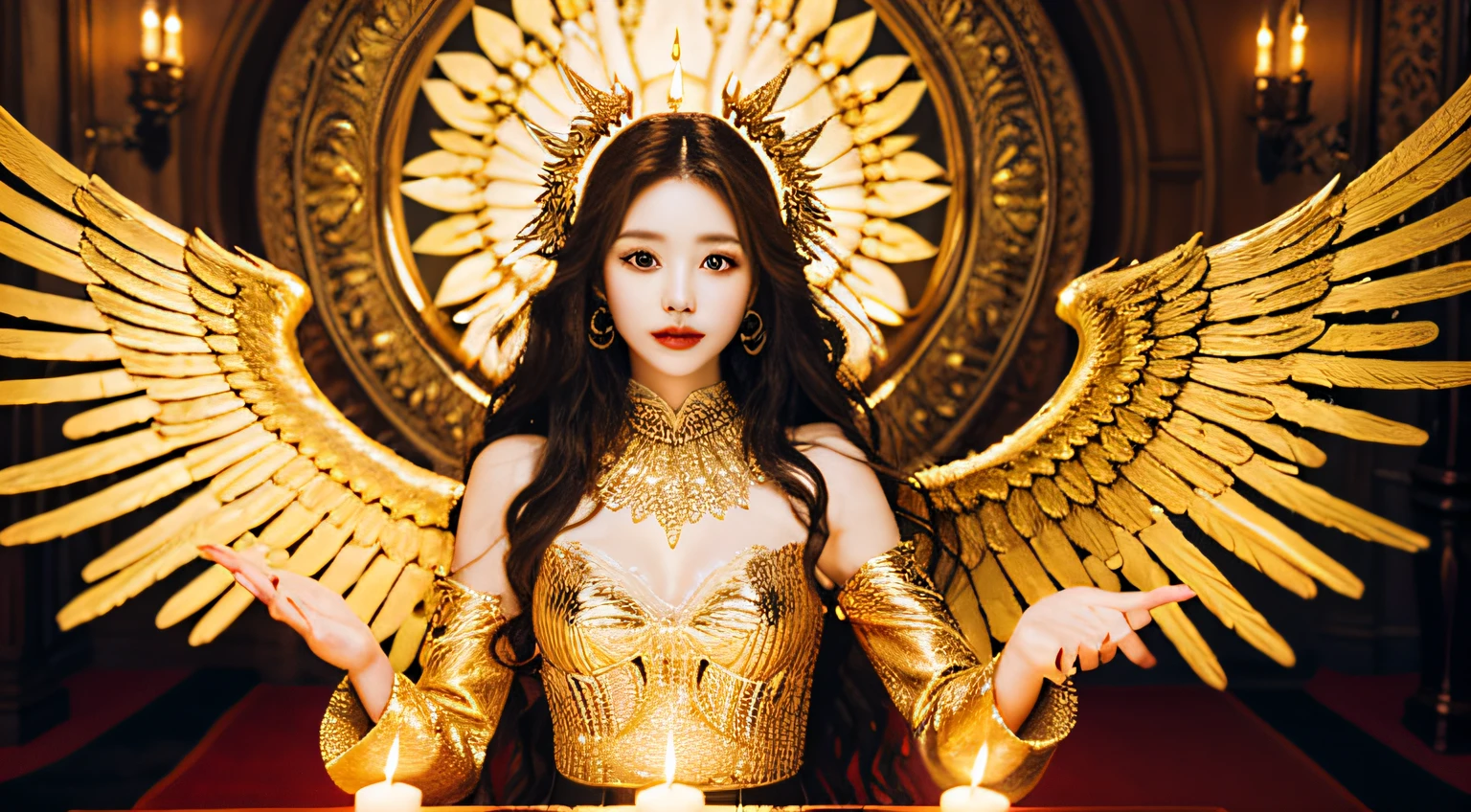 CHILDREN LONG HAIR GOLDEN HAIR GOLDEN ANGEL GIRL with candle accesses in hand.