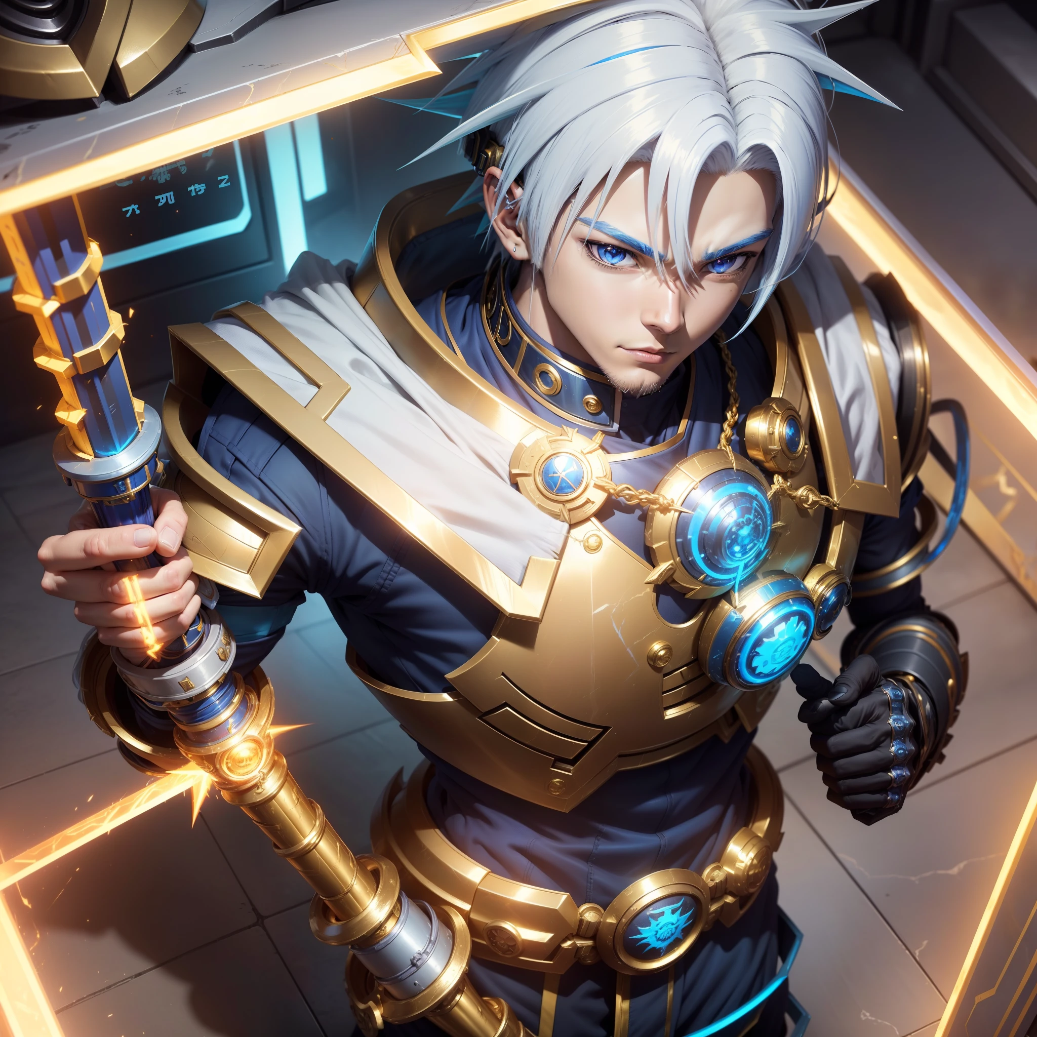 Anime teen boy, (((Gold and blue cyberpunk armor with helmet))), blue hand accessories, ((((Goku hairstyle with white hair)))), (black eyes), nose, smiling, healthy skin, neck, shoulders, small chest, arms, ((holding a giant futuristic sword)), thin waist, legs, (((in a futuristic golden marble palace))), the sun shining, (((stanind dominantly))), cinematic light, high resolution, highest quality, ultra detailed, detailed face, (detailed eyes), best quality, hyper detailed, masterpiece, (detailed face), clean face, (((((((male)))))))