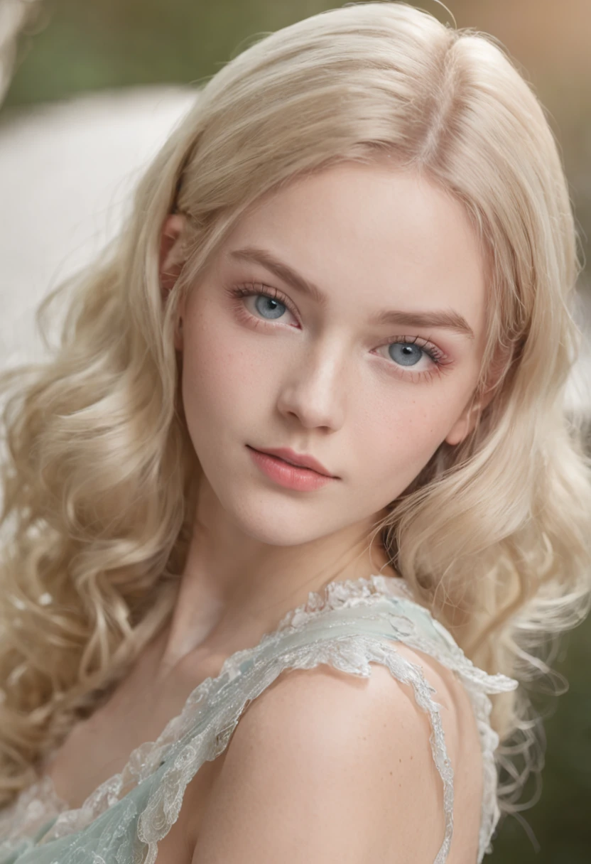 A close-up portrait of a young woman with fair skin, radiant blue eyes, and long wavy blonde hair, slightly turned to her left side, with a gentle smile on her rosy lips. The focus is primarily on her face, showcasing the intricate details such as the shimmer in her eyes, and the soft light reflecting off her smooth skin.

She stands against a backdrop of a dimly lit room with blue patterned wallpaper, adorned with circular designs emitting a soft luminescence. The shallow depth of field, possibly achieved with a lens having a focal length of 85mm and a wide aperture of f/1.4, blurs out the people in the background, creating a bokeh effect with the distant lights. The people in the background are merely silhouettes, conversing and mingling.

The image's lighting is ambient with a mix of natural and artificial sources. A warm, soft light source, perhaps from a hanging bulb or chandelier, is located at the top-right corner, casting a warm hue onto the woman's hair and cheek, adding depth and contrast to the image. The overall tone of the photograph suggests it's taken during the evening or in a setting with controlled lighting.

Camera settings might include a high dynamic range (HDR) to capture the various light intensities, an ISO of 100 to reduce noise, a shutter speed of 1/100th of a second to ensure sharpness while capturing the subtle movements of her hair, and the mentioned aperture of f/1.4 for that creamy bokeh and sharp focus on the subject. The image's color representation is true-to-life with accurate skin tones, contrasting the cool blue background with the warmth of the subject's face and hair.

Lastly, the composition adheres to the rule of thirds, with the subject's eyes aligning with the upper third of the frame, creating a balanced and harmonious visual appeal.