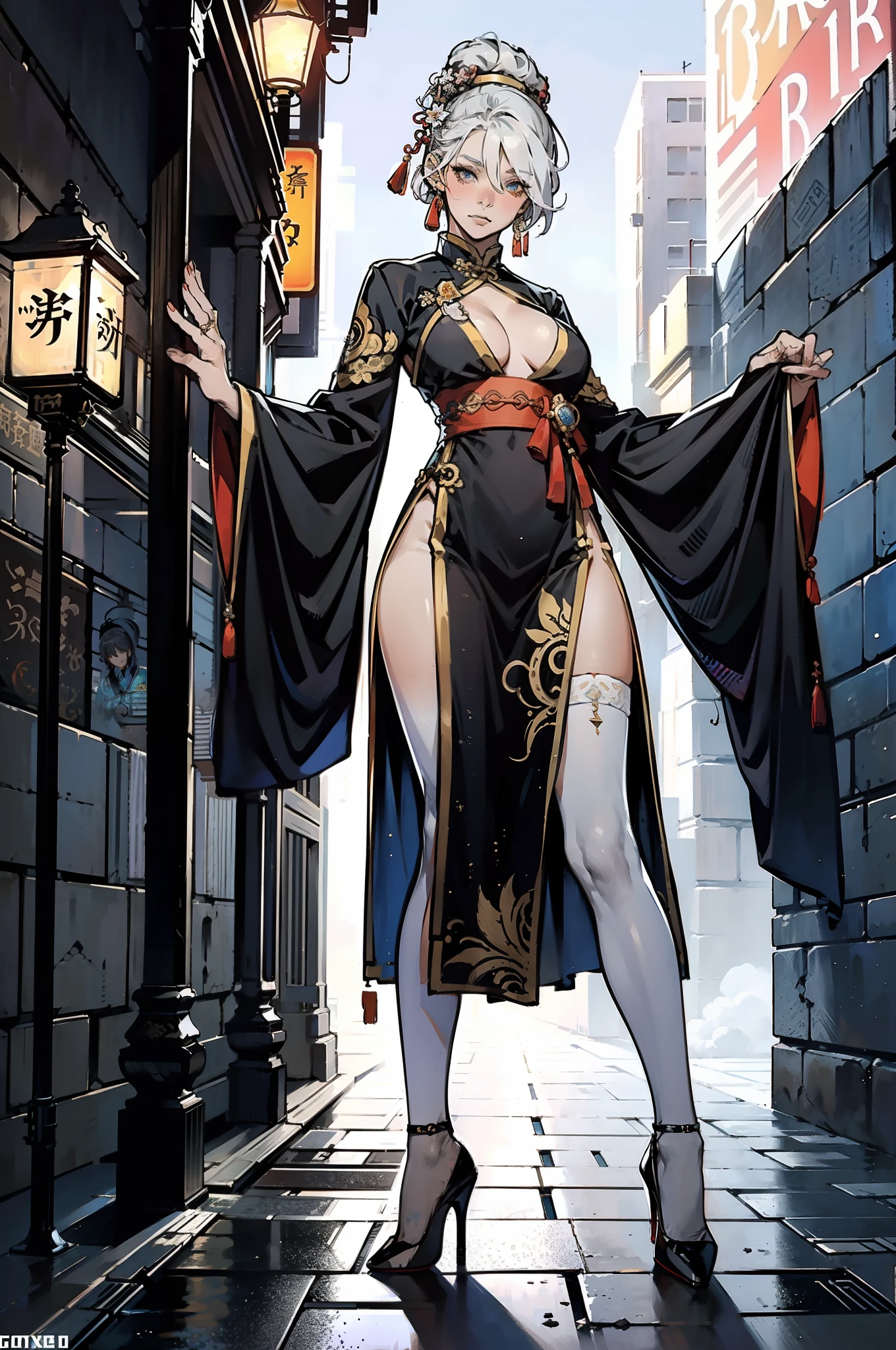 Doctor close-up, Has a glowing five-star rating, Their names, Photo, and the city in the background.，Large bust，rimless eyewears，Slim figure，Cute girl，Full body like，Hanfu，komono，Ancient Chinese streets，Dirty dark streets，high-heels，long leges，squatt