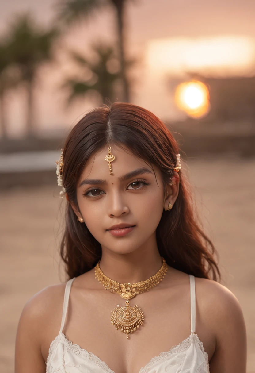 (Sexy Sri Lankan Girl)、8yk、Raw foto、(masterpiece)、(top-quality)、hight resolution、(1girl in)、(realisitic、Photorealsitic:1.2)、ultra-detailliert、physically-based renderingt、a necklace、耳环、air bangs、hair adornments、evening glow、鎖骨、wristbands、a navel、length hair、brown haired、Ahoge、1girl in、middlebreast、the beach、hair wavy、paler、