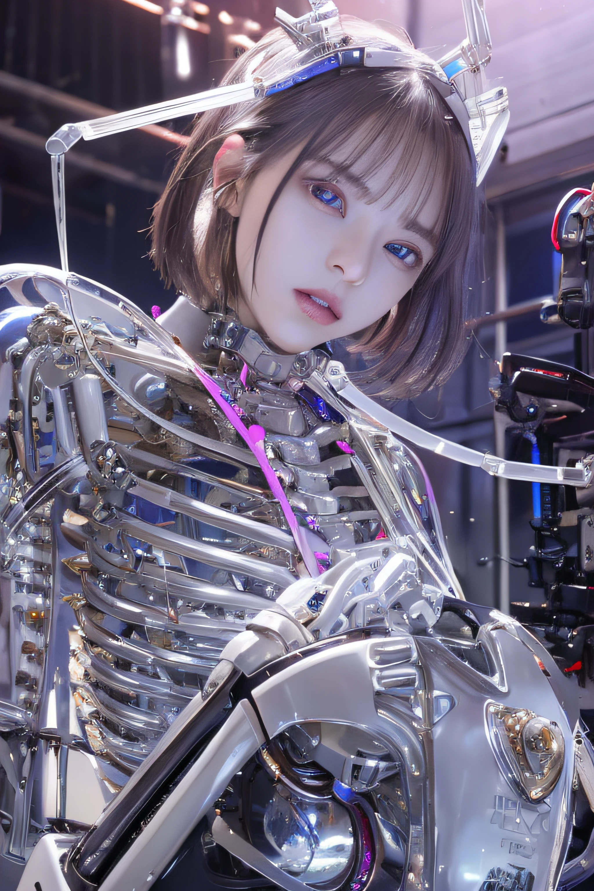 top-quality、​masterpiece、超A high resolution、(Photorealsitic:1.4)、Raw photo、女の子1人、Black hair、((Below the neck  an all-mechanical skeleton with no skin:1.4))、(((Colorless transparent latex with glamorous female shape covering the body of the machine:1.4)))、((Large transparent resin nipples:1.4))、((super realistic details))、portlate、globalillumination、Shadow、octan render、8K picture quality、ultrasharp、((All mechanical metals are mirrored silver plated.:1.4))、Details of complex ornamentechanical skeleton、Vascular in the tube、highly intricate detail、Realistic light、CGSoation Trends、a purple eye、radiant eyeacing the camera、neon details、Limbs of the machine、Mechanical vertebrae、Mechanical neck、sitting on、Wires and cables connecting to the head、Gundam、Small LED lamp、(Purple lighting from behind:1.2)、(cinematic), fighting scene