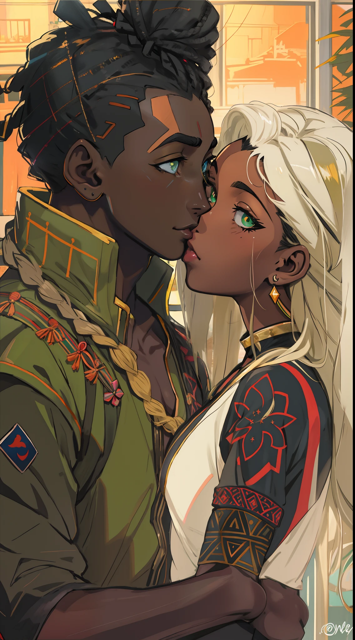 O anime de amantes negros, 2 pessoas, uma mulher: com roupas brancas de inverno, botas brancas peludas, luvas branquinhas, , ((((pele negra)))), olhos verdes verdes,((morena)), pele negra africana!, Um homem de pele negra africana, white goró on head, undercut dreads locks, ((((Pele negra)))), Moreno, roupas de inverno brancas, they're kissing passionately, intensamente apaixonados, roupas cor branca, pele negra, cabelo crespo, neve, inverno, melhor qualidade ((8k)), anime, olhos verdes, pure beauty of black Pelé.