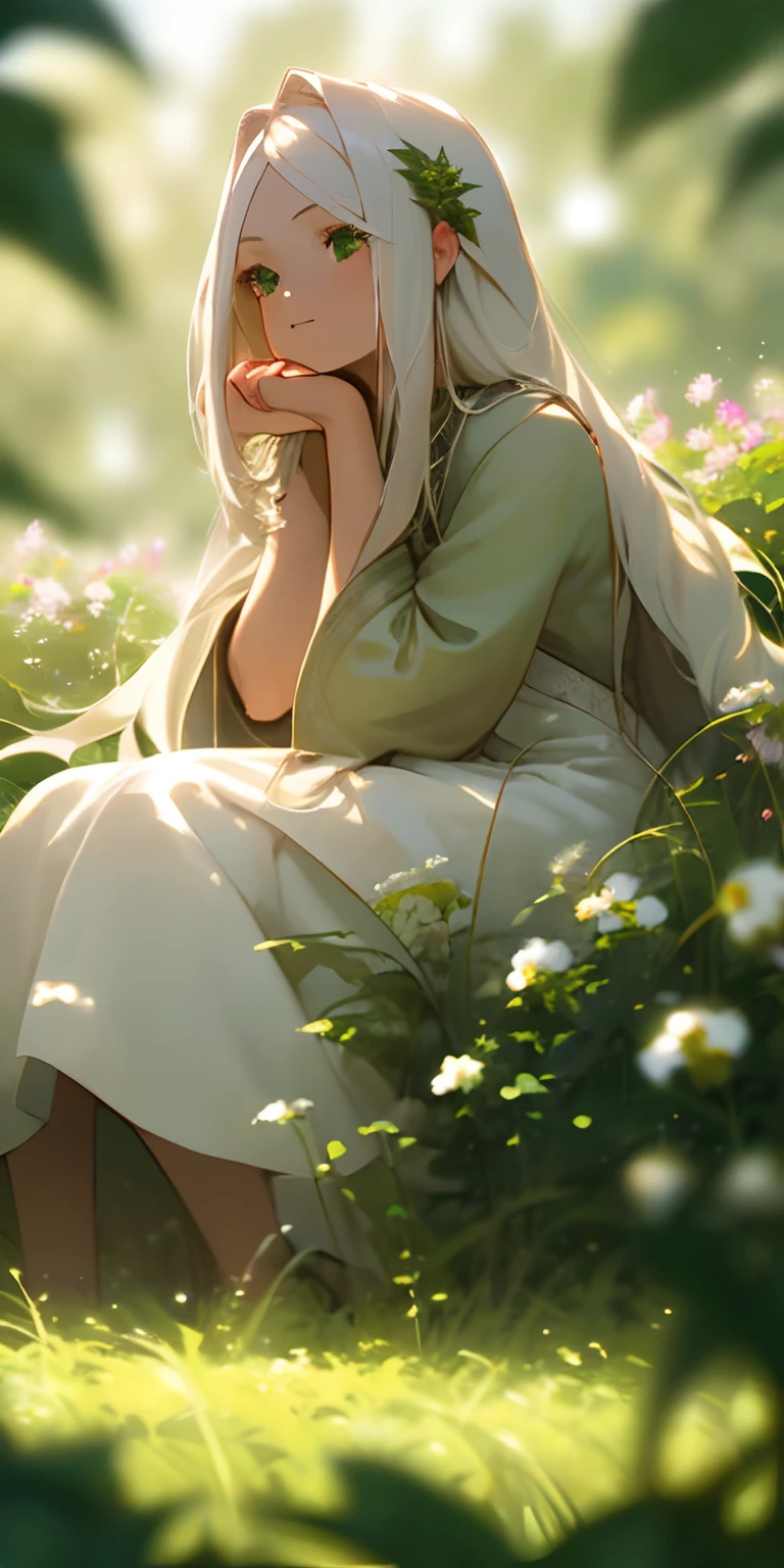 (masterpiece, best quality),1girl with long white hair sitting in a field of green plants and flowers, her hand under her chin, warm lighting, white dress, blurry foreground