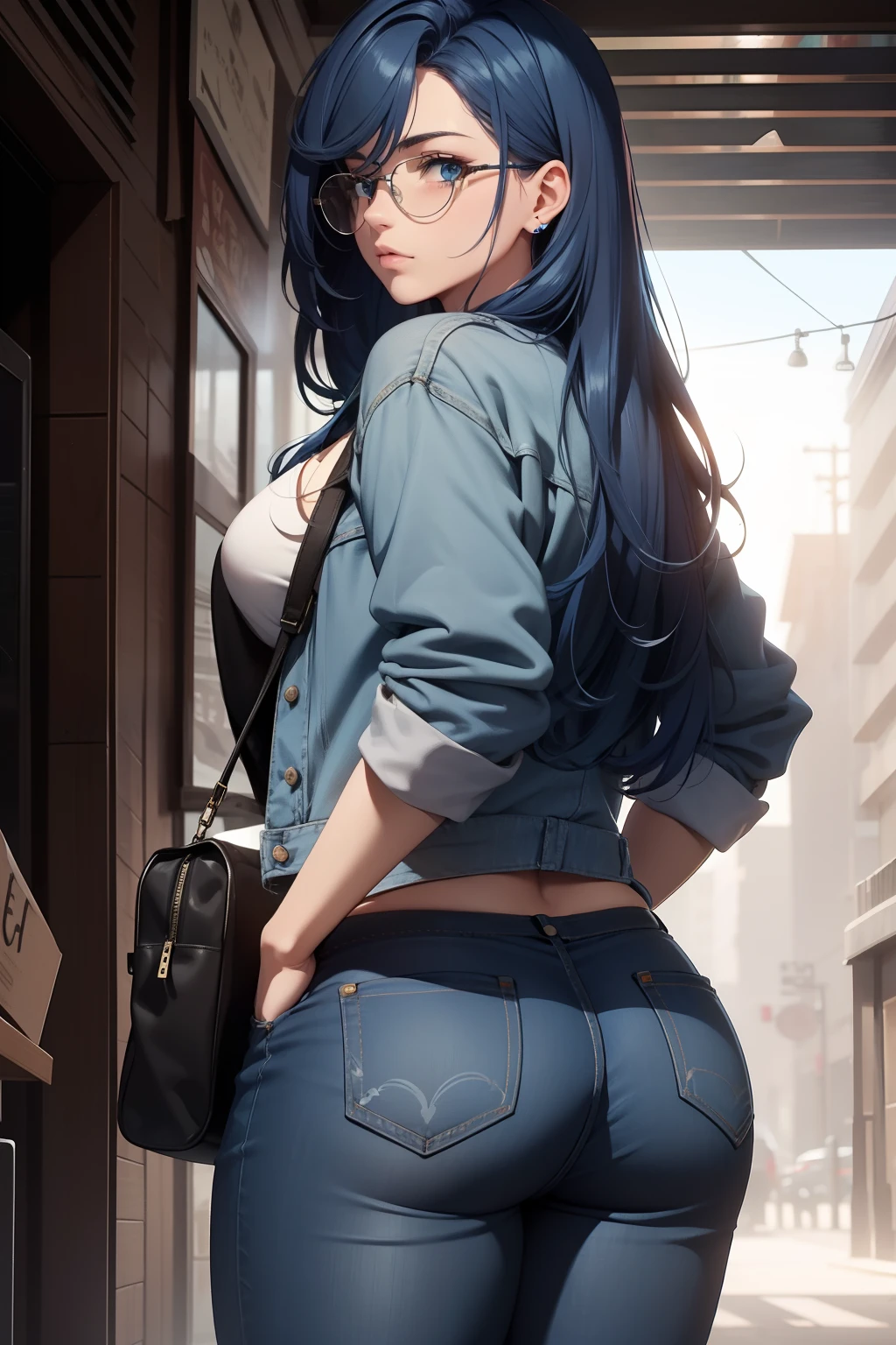 (masterpiece, best quality, 4k, photorealistic, cinematic, ultra-detailed), wide shot, from behind, perfect anatomy, curvaceous body, perfect eyes, perfect hands, large chest, long round legs, 1 girl, blue hair, Relaxed Denim Jacket, Graphic T-shirt, Distressed Boyfriend Jeans, White Sneakers, Crossbody Bag, Oversized Sunglasses, Blue Hair in Loose Waves,