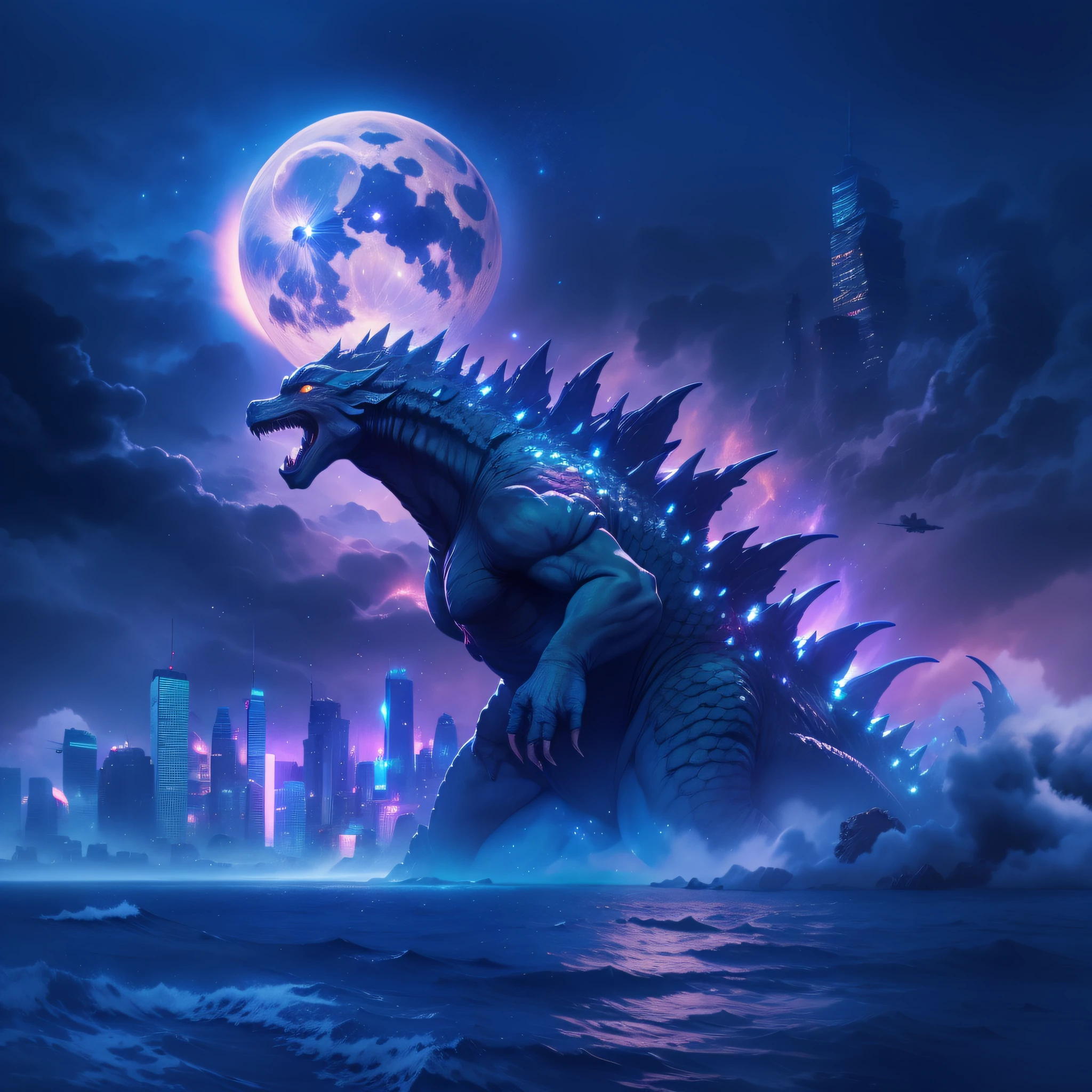 Godzilla , rage, fury,the ocean，The background is a futuristic city, scifi style, blue and violet, brightly, Sky background at night，There are many stars and a moon that splits in two. Ultra photo realsisim