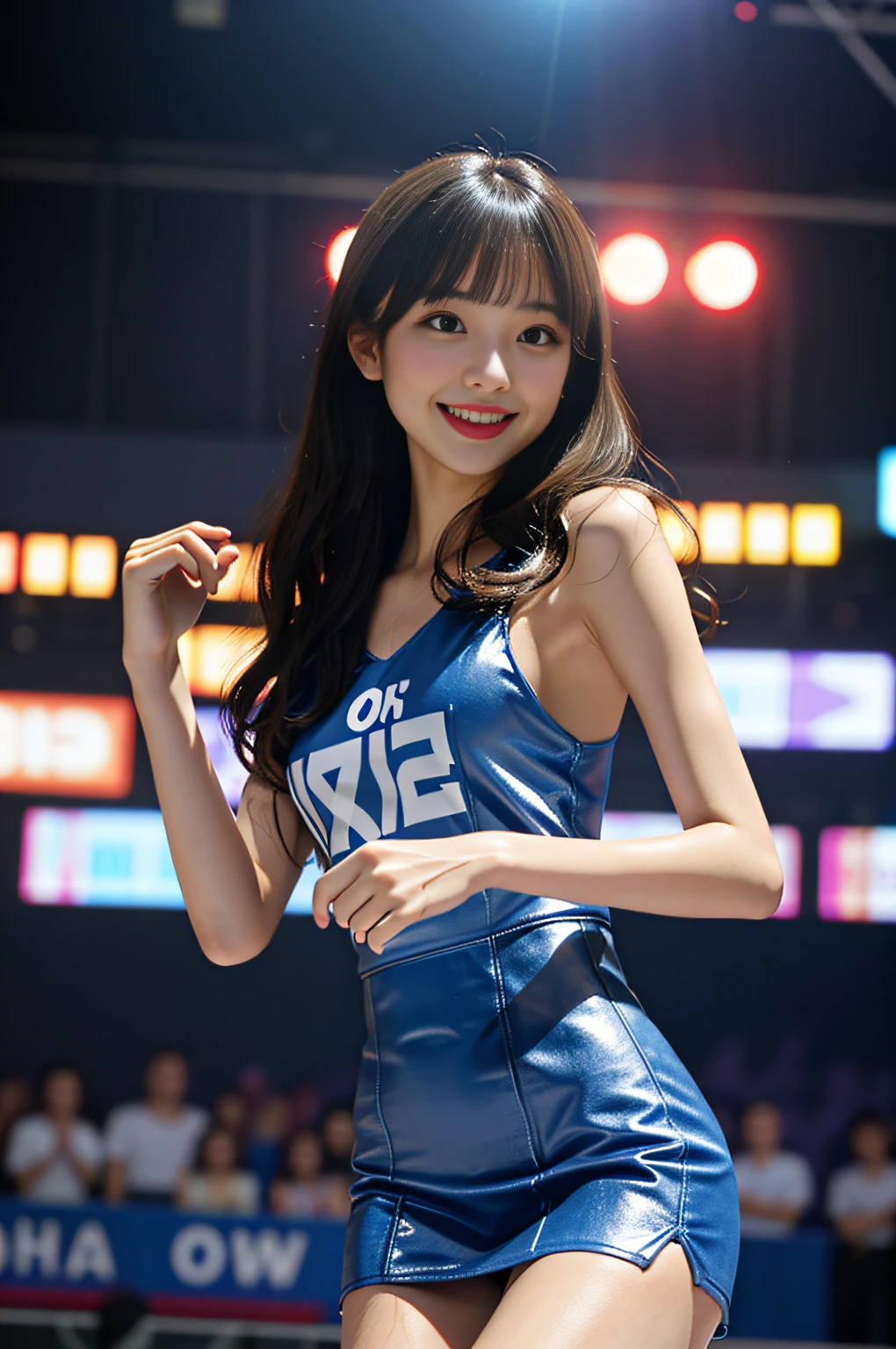 (((Draw only one woman: 2))), (Under the heavy rain、Concert Venues), ((Idol woman singing and dancing on stage)), (Cute idol costumes made of light fabric: 1.2), (( rain wet clothes: 1.5)), ((Clothes with wet skin: 1.5)), ((Rain-soaked skin)), ((Rain wet hair: 1.8)), ((Rain wet bangs: 1.8)), (Happy smile: 1.2), 16 year old beautiful woman, ((1screen)), 8K, RAW shot, top quality photo, masutepiece, Nice realistic photos, ((Analyze scientifically correct ratios : 1.5)), ((Perfect proportions)), ((Beautiful woman like an idol of Japan)), ((small head)), Detailed face, Detailed appearance, Narrow Nose, Detailed fingers, detailed arms, Detailed skin, Detailed legs, short torso, (Slim Style), (thin waist), medium breasts, (Nipple shadow)
