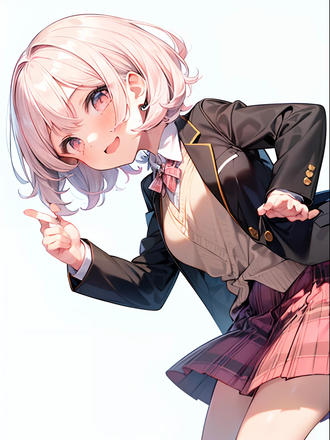 best quality, masterpiece, absurdres, highres, pastel color, soft colors, (white background:1.6), (front view:2), BREAK (1girl:2), happysmile, (short shaggy perm hair:1.6), (light pink hair:1.5), upper body, looking at viewer, (facing straight at viewer:1.4), (front face:1.6), (school uniform blazer collared shirt plaid skirt with petticoat:1.4), best hands,
