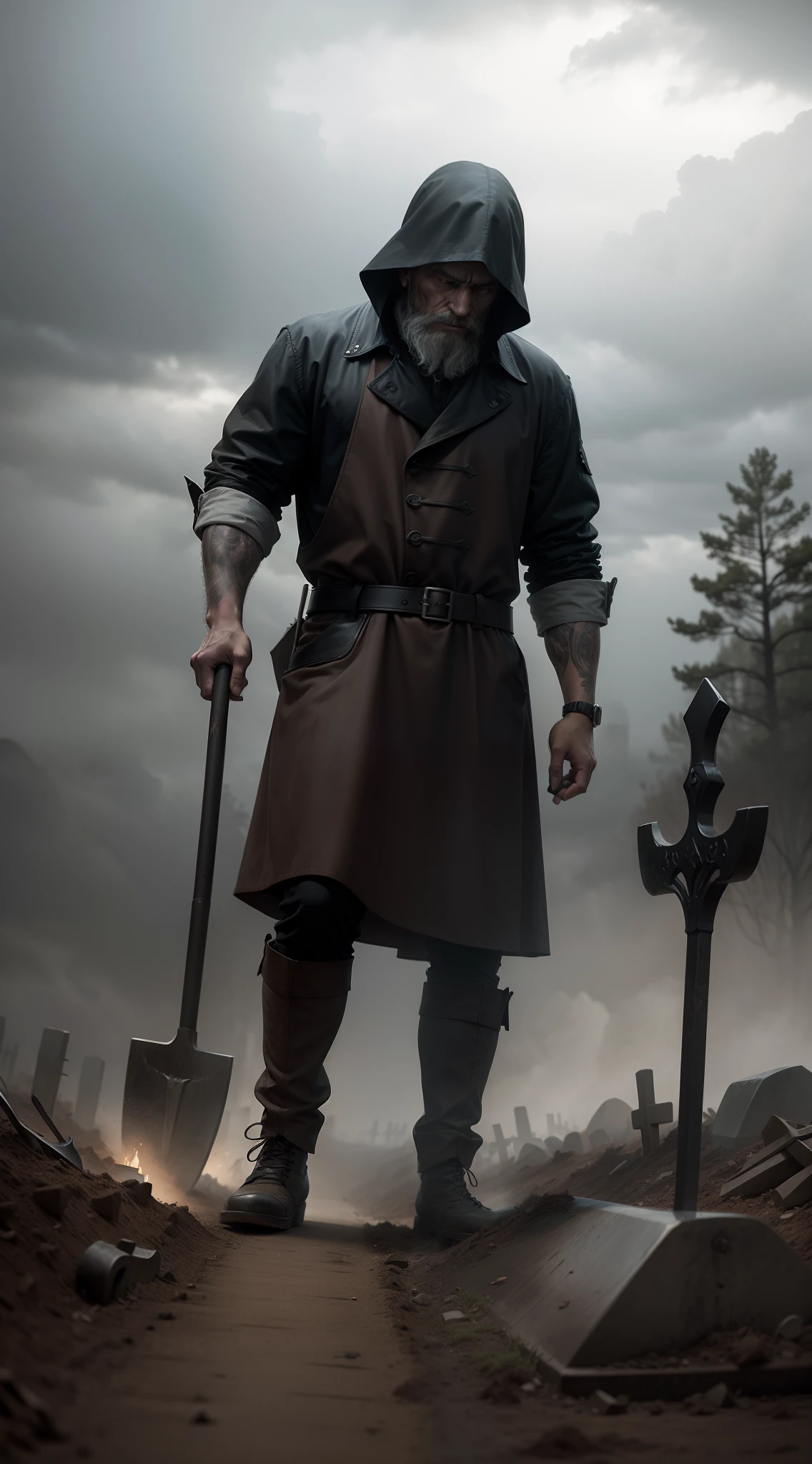 a gravedigger using a shovel digging a grave, fall weather, cloudy, fog, creepy, 1600s