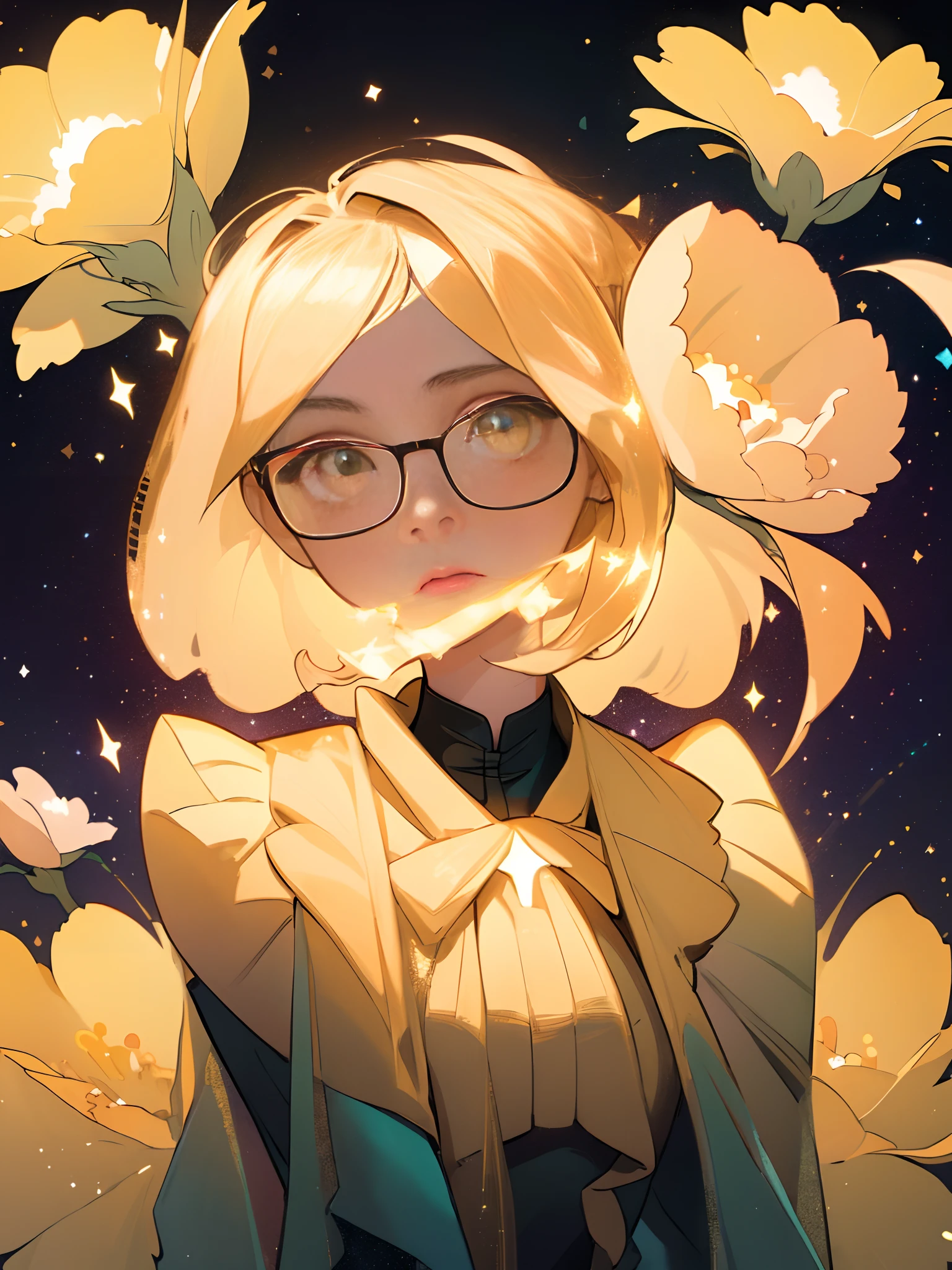(best quality, masterpiece), 1girl, galaxy, glitter, dress, particle, wind, flower, upper body, dark simple background, looking at viewer, blonde,