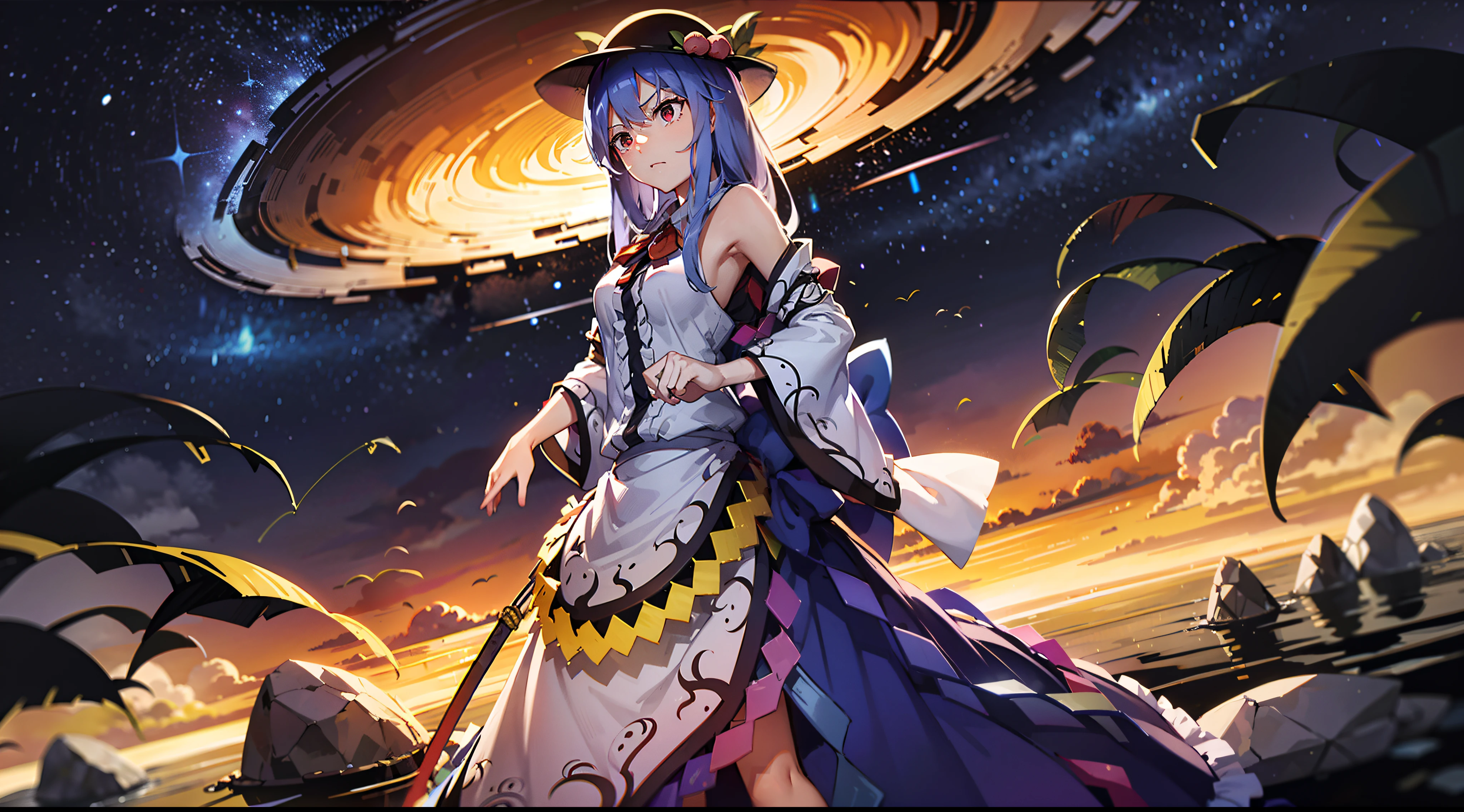 Japanese anime wallpaper 8K，wide angles，Golden ratio composition，HighestQuali，ancientry，（（touhou project）），（（（1girl））），Hinanawi Tenshi，slender figures，skin is soft and smooth，celestial realm，daytime，Clouds，Stand on the rock，Armed with the Sword of Imagination，luz eenvolvente，Soft lighting，Clear facial features，The  is structurally correct，The hands are clear and correct，The costumes of the characters are clear and correct，The details are complete and clear