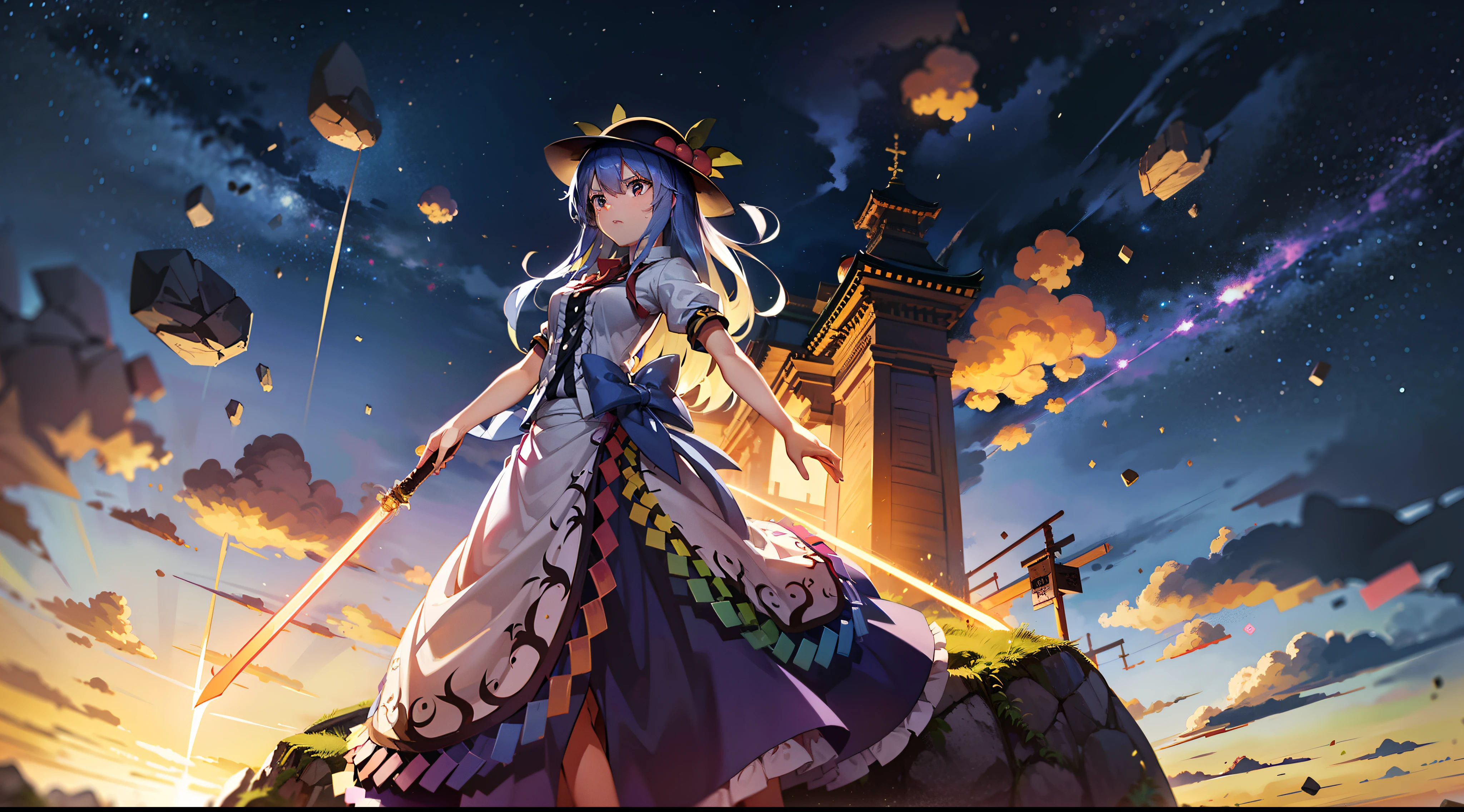 Japanese anime wallpaper 8K，wide angles，Golden ratio composition，HighestQuali，ancientry，（（touhou project）），（（（1girl））），Hinanawi Tenshi，slender figures，skin is soft and smooth，celestial realm，daytime，Clouds，Stand on the rock，Armed with the Sword of Imagination，luz eenvolvente，Soft lighting，Clear facial features，The  is structurally correct，The hands are clear and correct，The costumes of the characters are clear and correct，The details are complete and clear