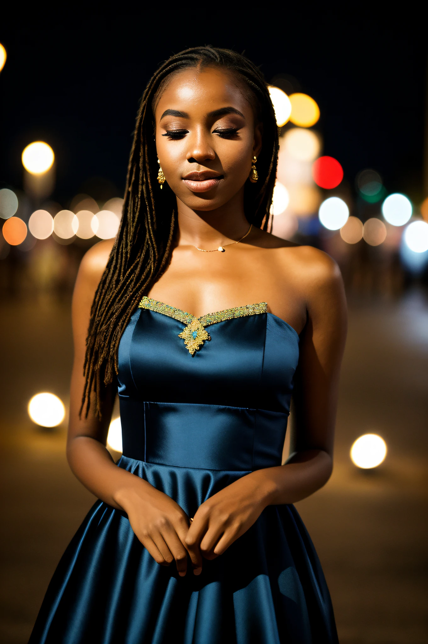 instagram photo, closeup face photo of 18 y.o Senegalese woman in dress, beautiful face, makeup, night city street, bokeh, motion blur