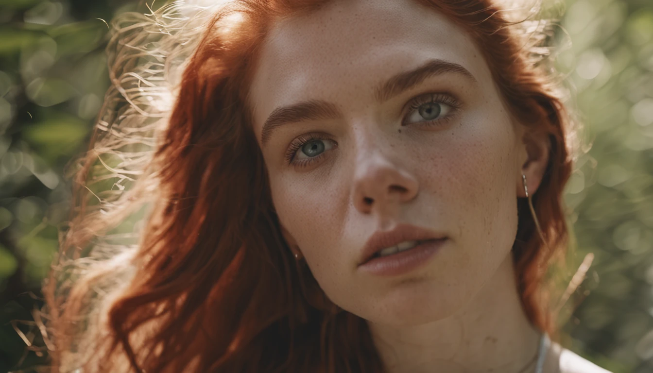 Top quality, (bright lighting: 0.7), masterpiece, big angle shot, RAW photo (pale 15-year-old Irishwoman, looking up at the viewer), cute, (disheveled, with bright red matted hair), (standing in a forest), (wearing a white sexy croptop) full-length portrait, perfect face, captivating eyes, bright details, pouting lips, (high skin detail), freckles, small breasts, (blue tint: 0.6), (dirty: 0.8), (bloody: 0.7), Key lighting, (backlight: 0.5), medium depth of field, Canon 5D, 50mm lens, f/4 aperture, (ultra-detailed, complex detail), sharp focus, soft colors, 8k, absurd, 8mm film grain, war photography,flirting with camera