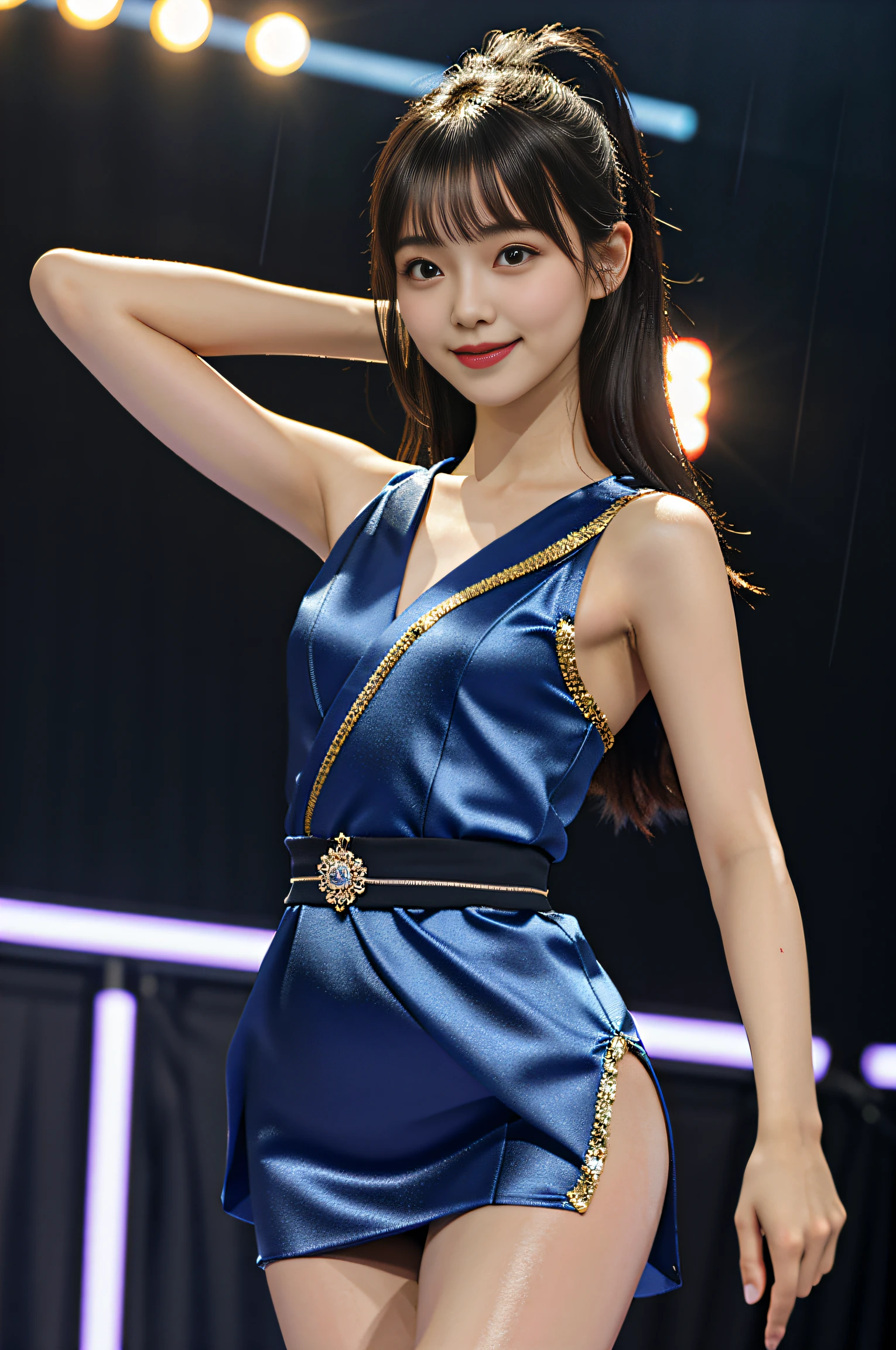 (((Draw only one woman: 2))), (Under the heavy rain、Concert Venues), ((Idol woman singing and dancing on stage)), (Cute idol costumes made of light fabric: 1.2), (( rain wet clothes: 1.5)), ((Clothes with wet skin: 1.5)), ((Rain-soaked skin)), ((Rain wet hair: 1.8)), ((Rain wet bangs: 1.8)), (Happy smile: 1.2), beautiful woman, ((1screen)), 8K, RAW shot, top quality photo, masutepiece, Nice realistic photos, ((Analyze scientifically correct ratios : 1.5)), ((Perfect proportions)), ((Beautiful woman like an idol of Japan)), ((small head)), Detailed face, Detailed appearance, Narrow Nose, Detailed fingers, detailed arms, Detailed skin, Detailed legs, short torso, (Slim Style), (thin waist), medium breasts, (Nipple shadow)