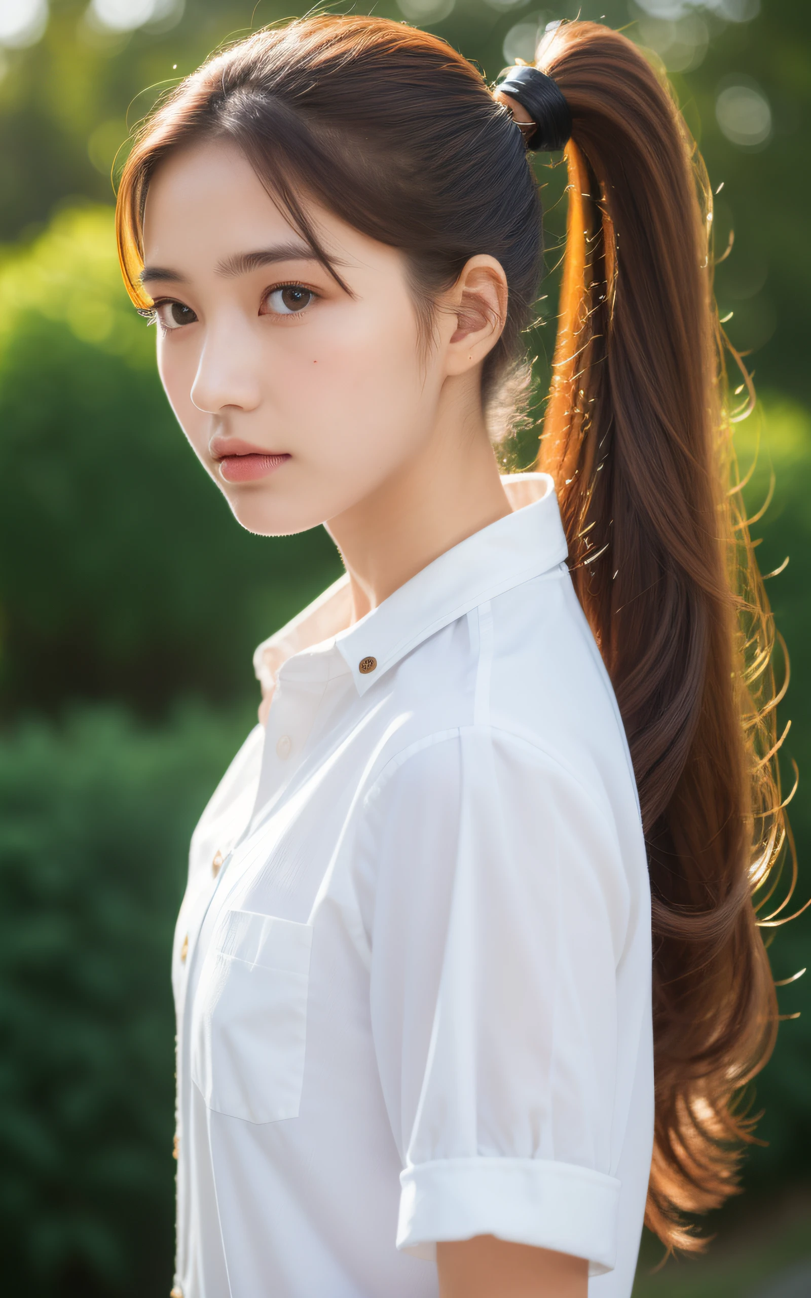 ((Best quality, 8k, Masterpiece: 1.3)), full body, Sharp focus: 1.2, 1 girl, , A pretty girl with perfect figure, cute, shy, beautiful thighs, ((straight and shoulder length hair make a ponytail)), (White shirt with buttons: 1.1), Highly detailed face and skin texture, Detailed eyes