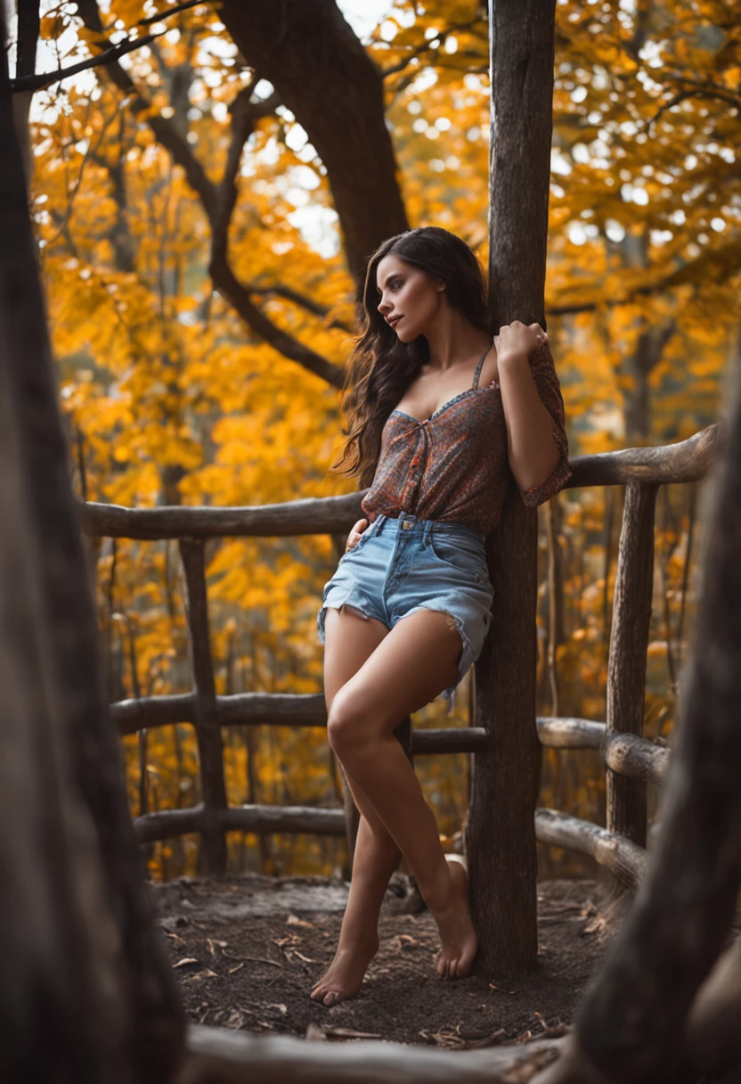 fit college brunette laying down in a treehouse, legs open, naked, large round breasts, open shirt